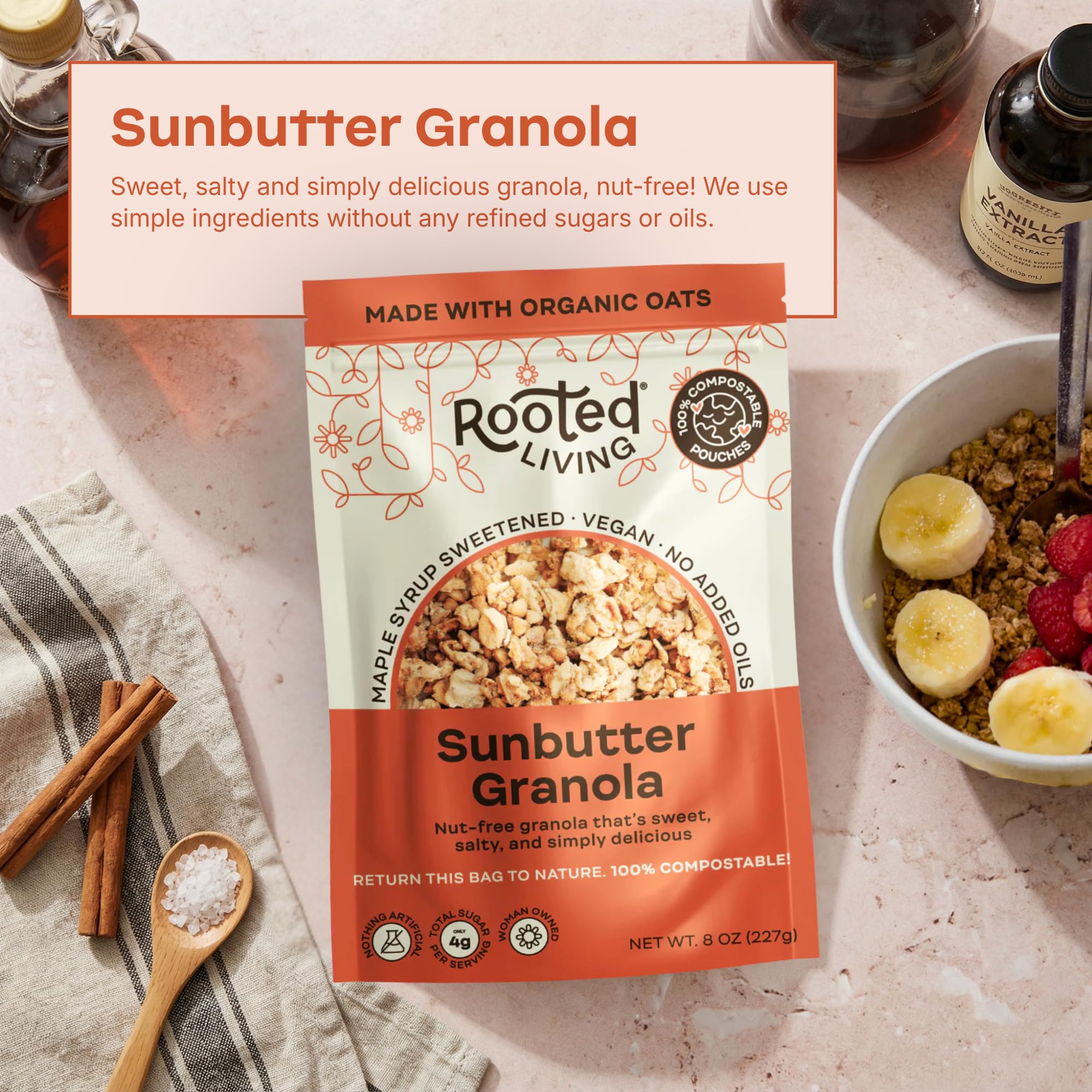 Rooted Living Sunbutter Granola, 8 Oz, Organic Rolled Oats and Sweetened with Maple Syrup, Healthy Vegan Snack, Topping, or Breakfast, Plant Based