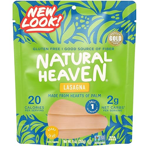 Natural Heaven Lasagna Noodles, Hearts of Palm - Naturally Rich in Potassium, Low-Calorie Veggie Pasta, Keto & Gluten-Free Food, Vegan, 9 Oz Ea
