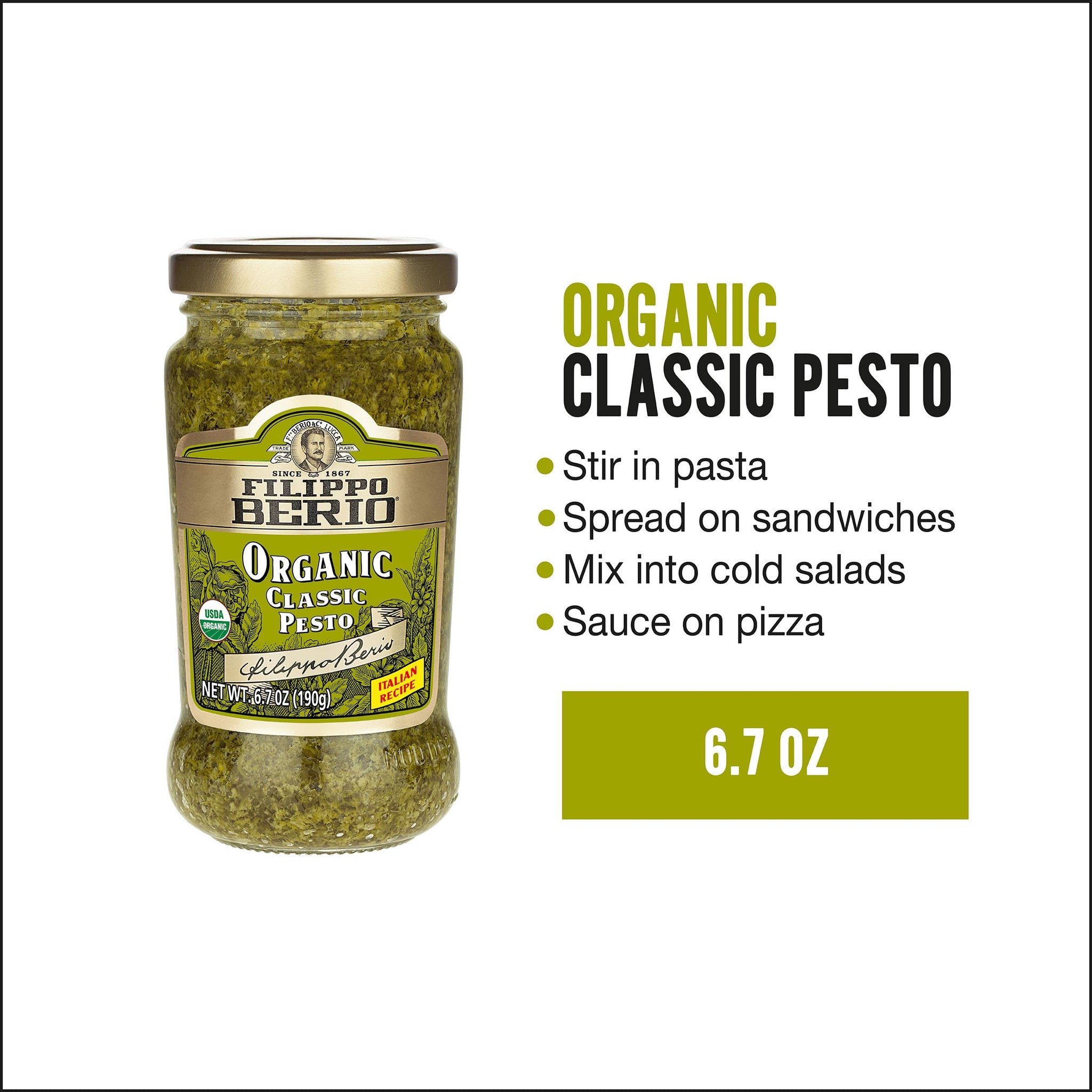 Filippo Berio Pesto, Organic Classic Basil, 6.7 Ounce Glass Jar, Gluten Free, Non-GMO