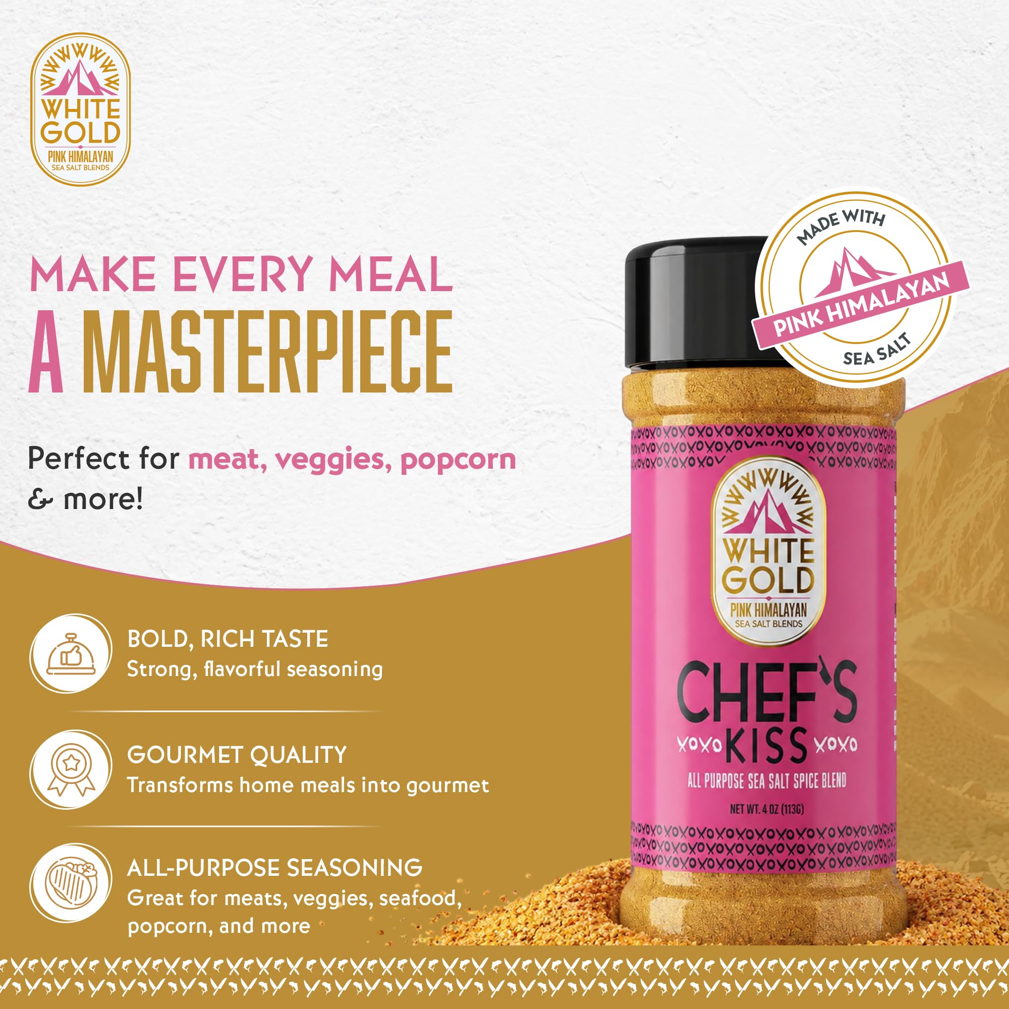White Gold Chef’s Kiss All Purpose Seasoning with Pink Himalayan Sea Salt - Gourmet Seasoned Salt Blend Perfect for Cooking Meats & Vegetables