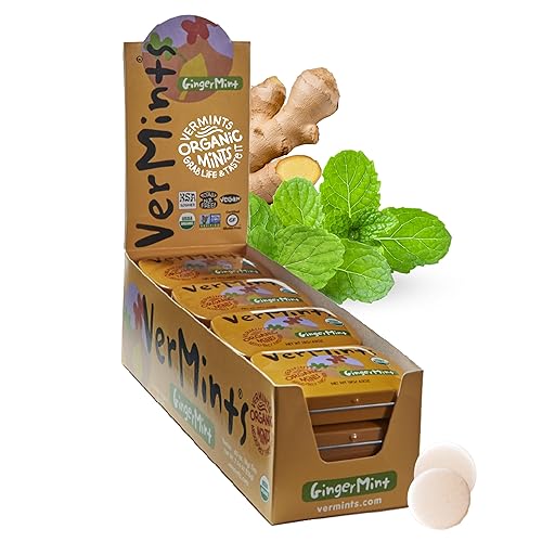 VerMints Organic Breath Mints GingerMint - Real Ginger Flavored Candies - Travel Size Tin - Non-GMO, Nut Free, Gluten Free, Vegan, Kosher & Organic