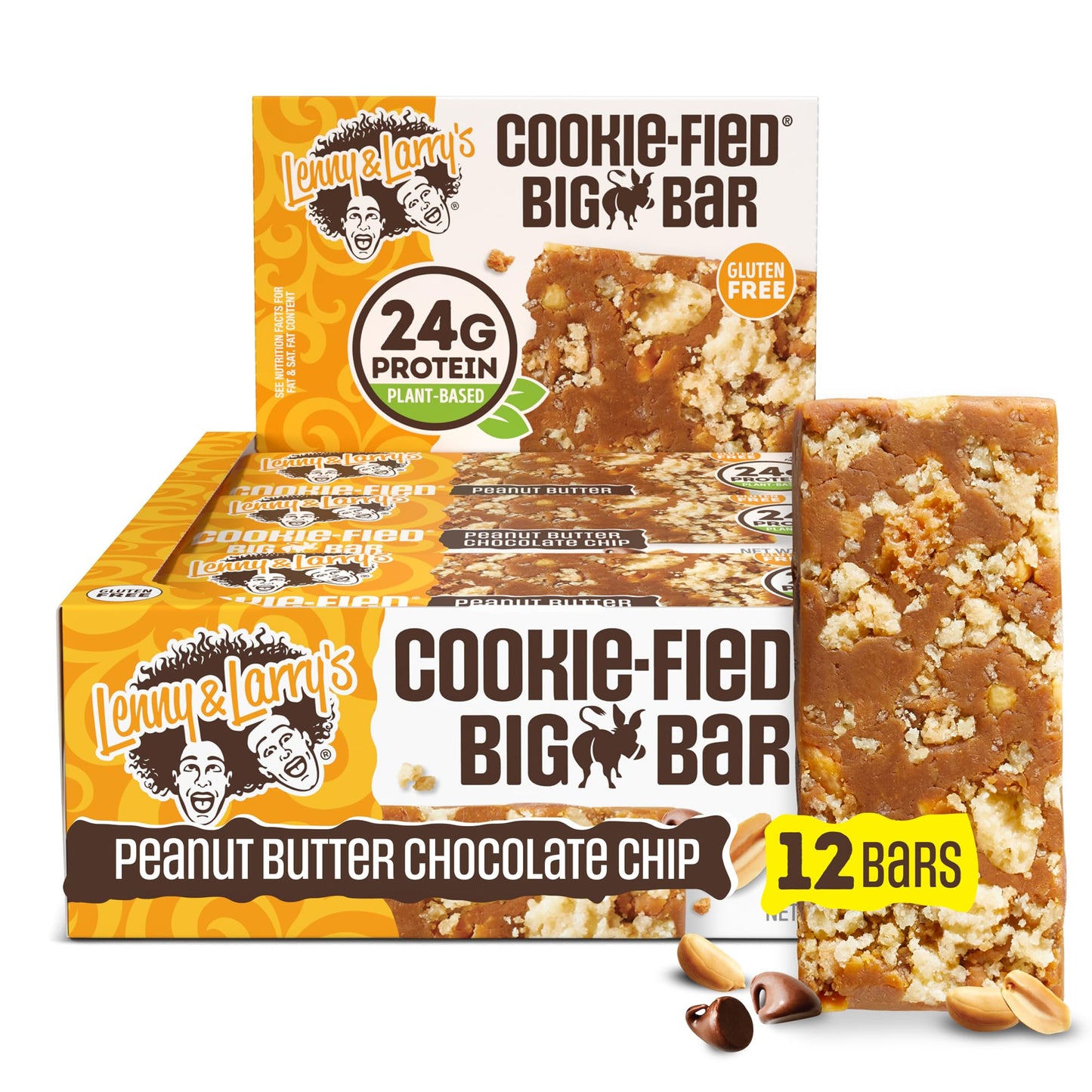 Lenny & Larry's Cookie-fied BIG BAR - Peanut Butter Chocolate Chip Vegan Protein Bars 12x90g - Healthy Snacks, 24g Plant Protein & 10g Prebiotic Fiber