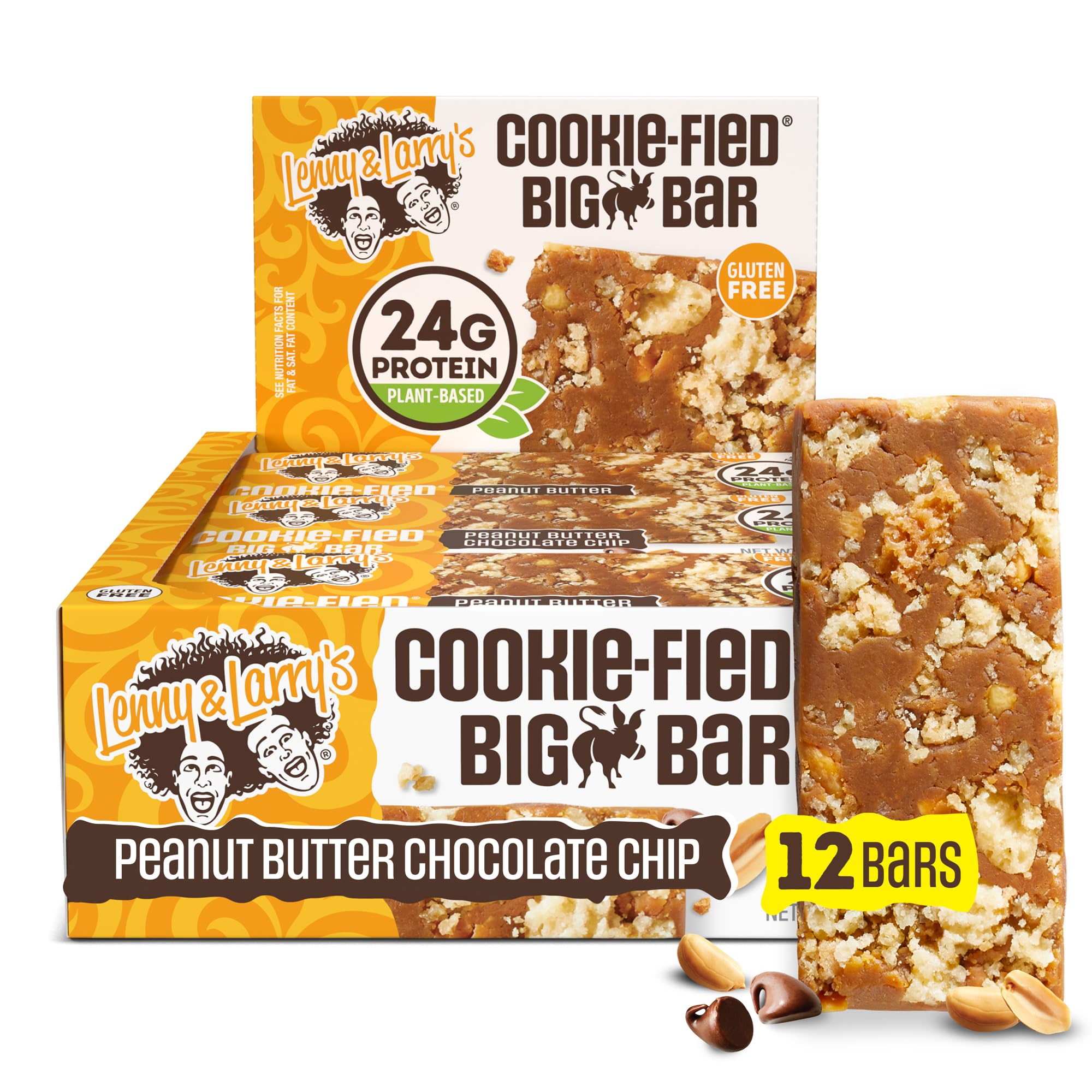 Lenny & Larry's Cookie-fied BIG BAR - Peanut Butter Chocolate Chip Vegan Protein Bars 12x90g - Healthy Snacks, 24g Plant Protein & 10g Prebiotic Fiber