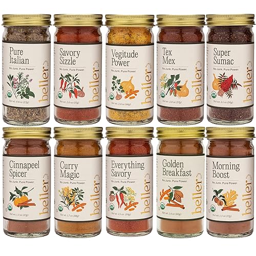 Beller Nutrition Organic Spice Blend Collection | 10-Pack | Morning Boost, Super Sumac, Tex Mex, Vegitude, Cinnapeel, Everything Savory & More | No