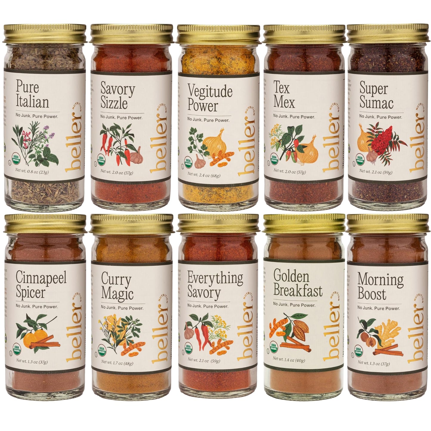 Beller Nutrition Organic Spice Blend Collection | 10-Pack | Morning Boost, Super Sumac, Tex Mex, Vegitude, Cinnapeel, Everything Savory & More | No