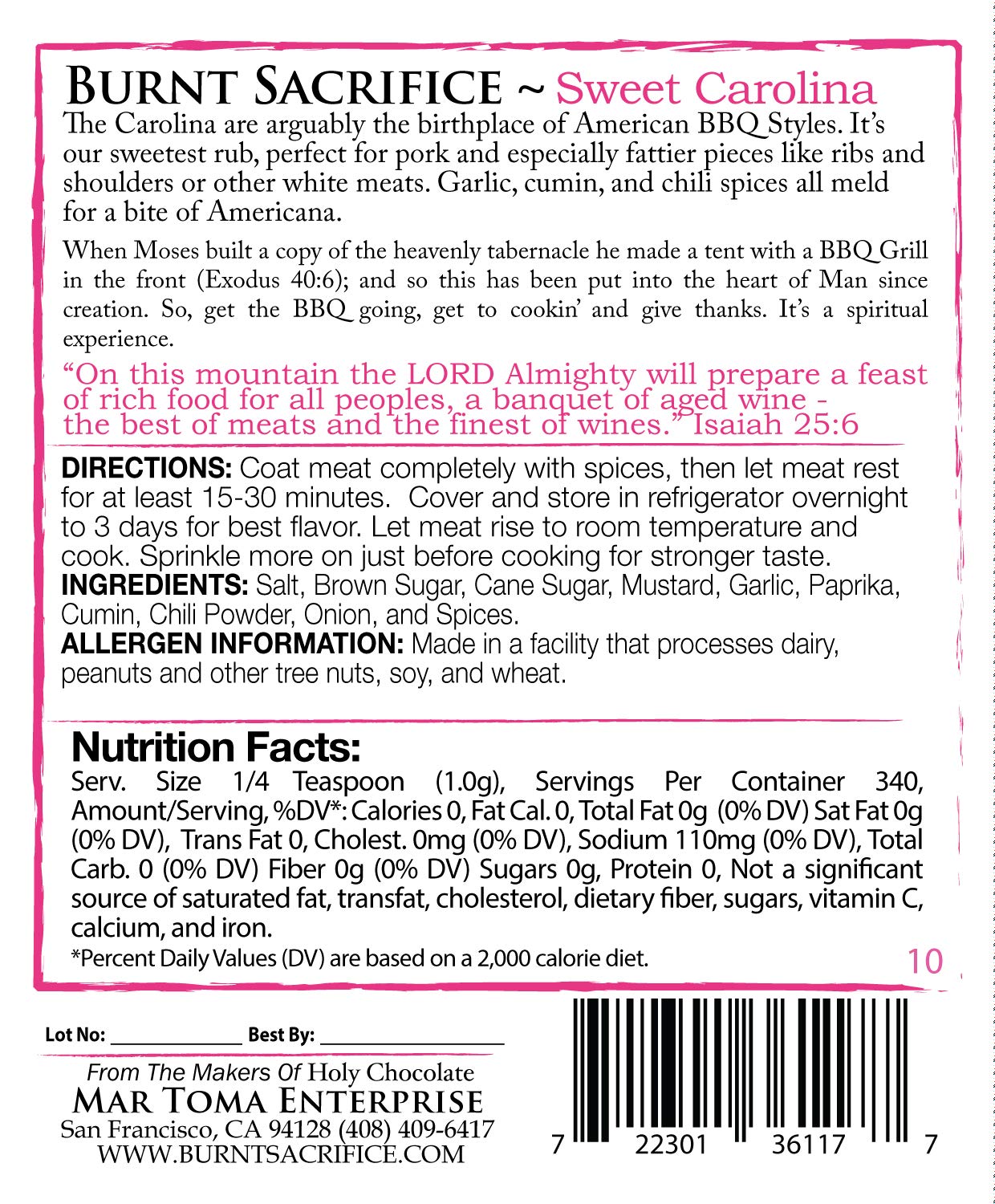 Burnt Sacrifice Sweet Carolina Style Gourmet BBQ Spice Dry Rub seasonings (10 Ounce Bag Makes Over 20 Pounds) Pork Ribs Chops Chicken Turkey Wings