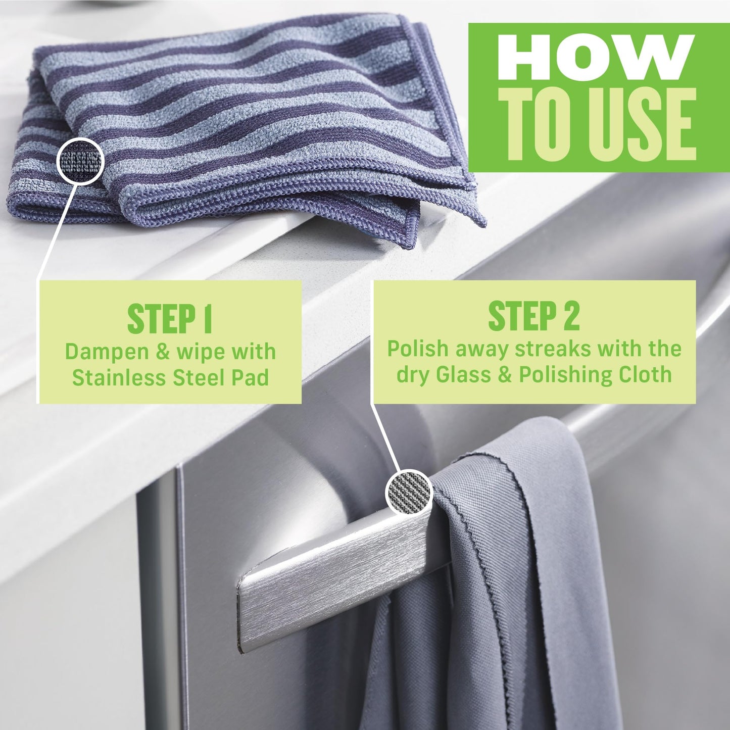 E-Cloth Stainless Steel Microfiber Cleaning Cloth Kit - Stainless Steel Cleaner for Appliances, Oven, Stove, & More - Microfiber Towels for Cars