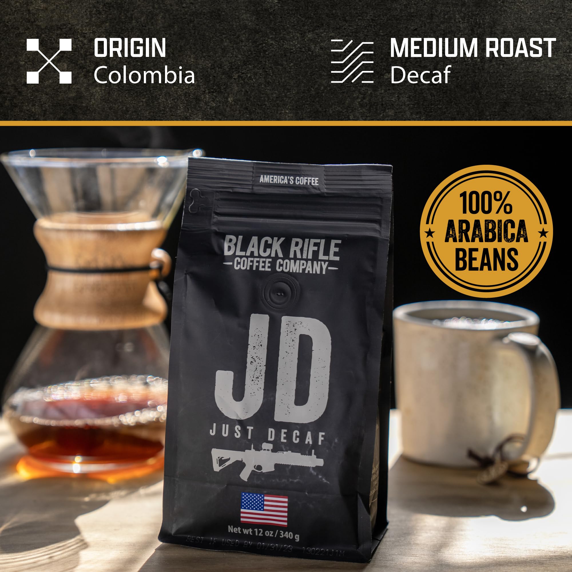 Black Rifle Coffee Company Just Decaf, 12oz Bag, Ground Coffee Medium Roast - Roasted Blend Made from Arabica Beans - Colombian & Brazilian Beans