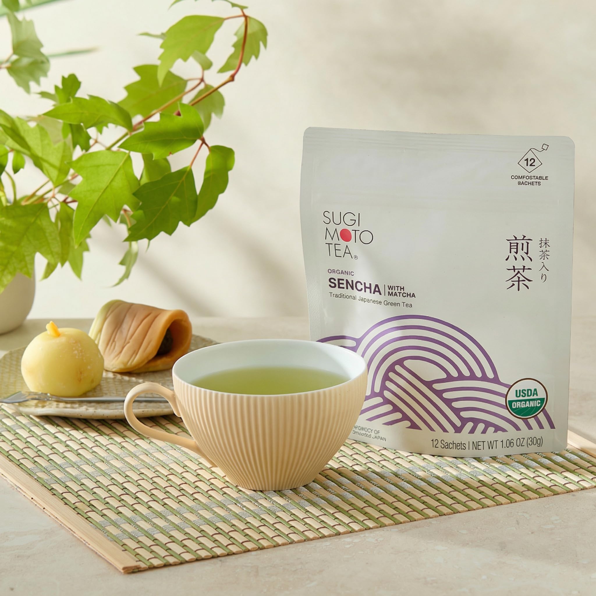 SUGIMOTO TEA Japanese Organic Sencha with Matcha Green Tea Bags 12 Count