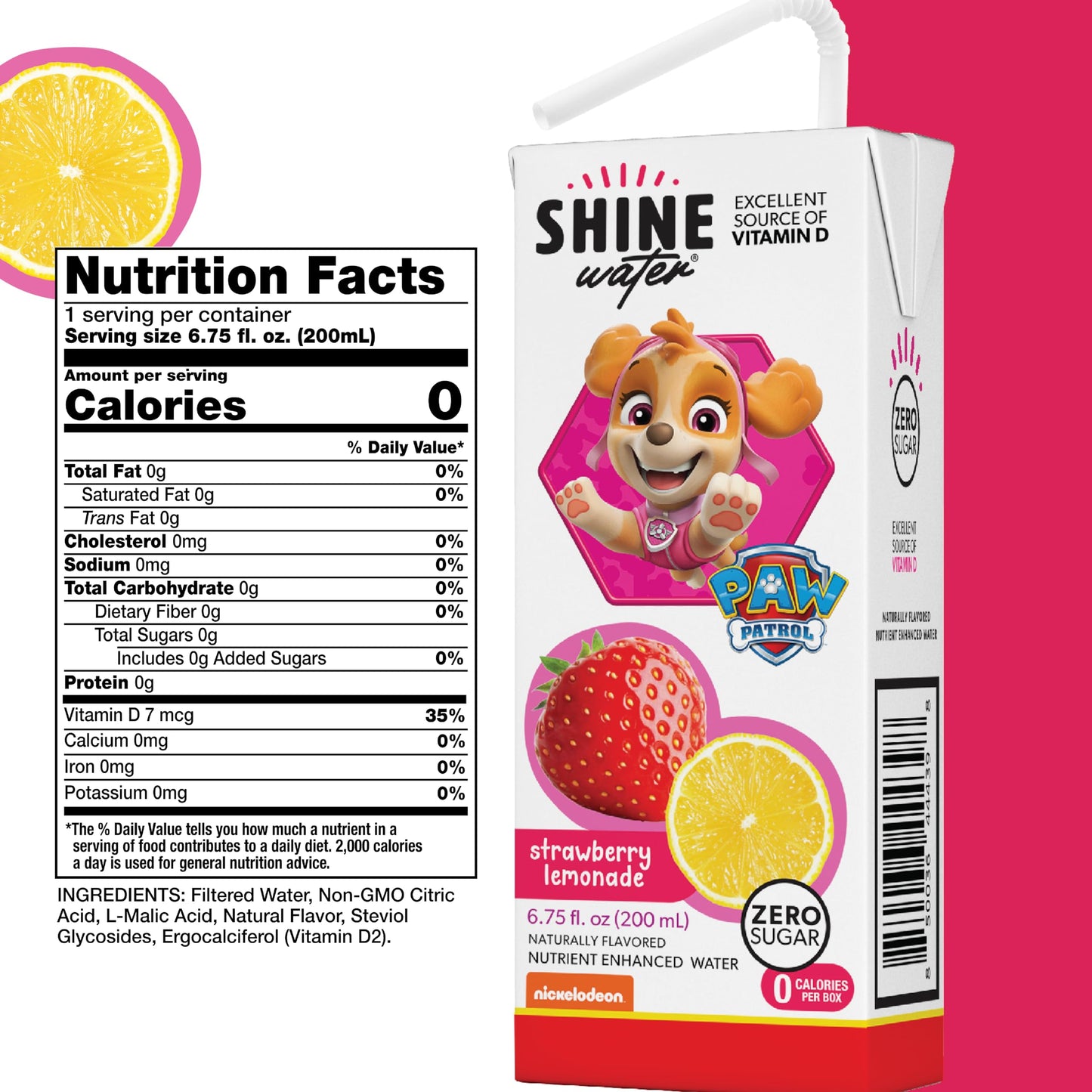 Shine Water Strawberry Lemonade Kids Drink Box- Pack of 8 (6.75 Fl Oz Each) - Naturally Flavored Water with Vitamin D, Zero Sugar, Low Calorie