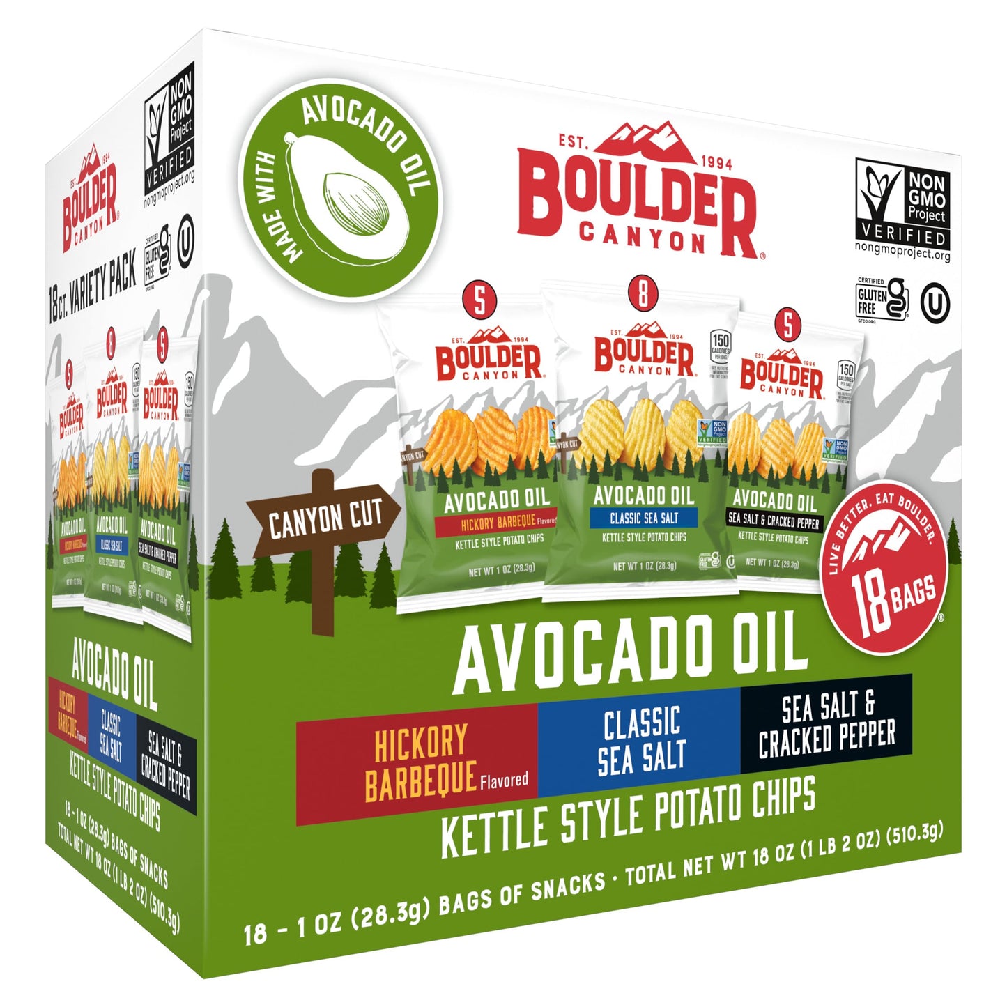 Boulder Canyon Avocado Oil Kettle Style Potato Chips Variety Pack, 18 Count - Gluten-Free, Non-GMO, Hickory Barbecue, Classic Sea Salt, Sea Salt