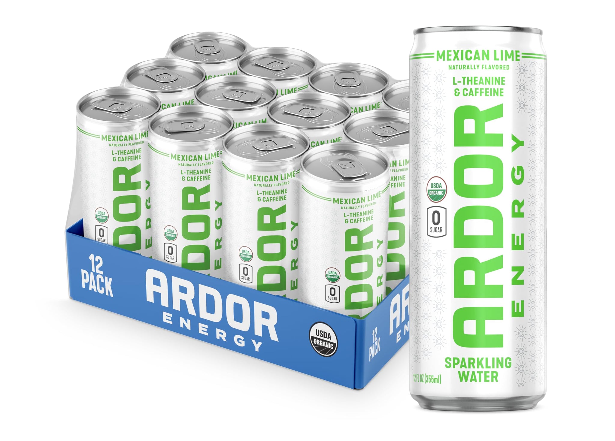 ARDOR Sparkling Water with 100mg Natural Caffeine & 200mg L-Theanine from Organic Green Tea for Smooth Energy & Focus | No Sugar, 0 Calories | Vegan