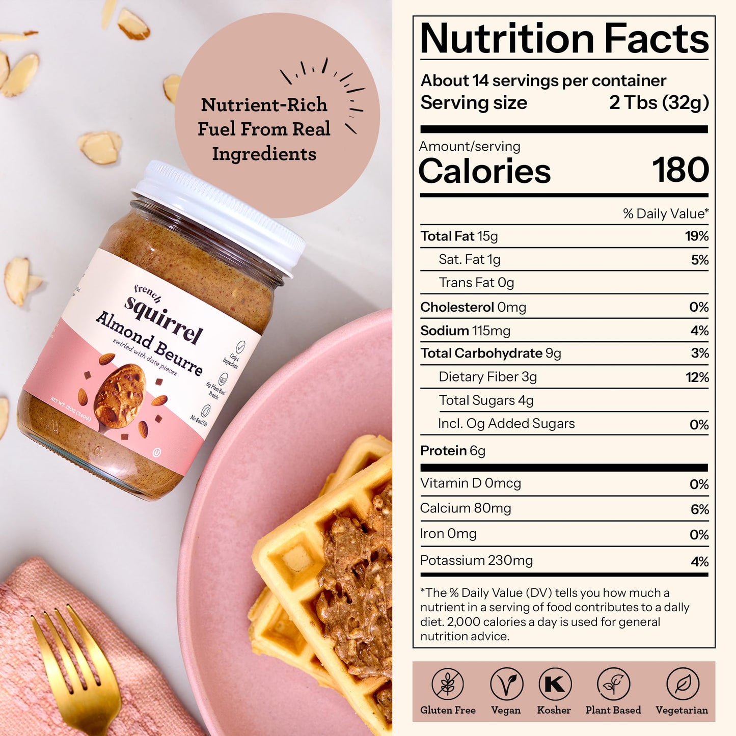 French Squirrel Vegan Almond Butter With Dates, Cinnamon & Sea Salt - 4-Ingredients with 6g Plant-Based Protein, No Seed Oils - Kosher, Dairy Free