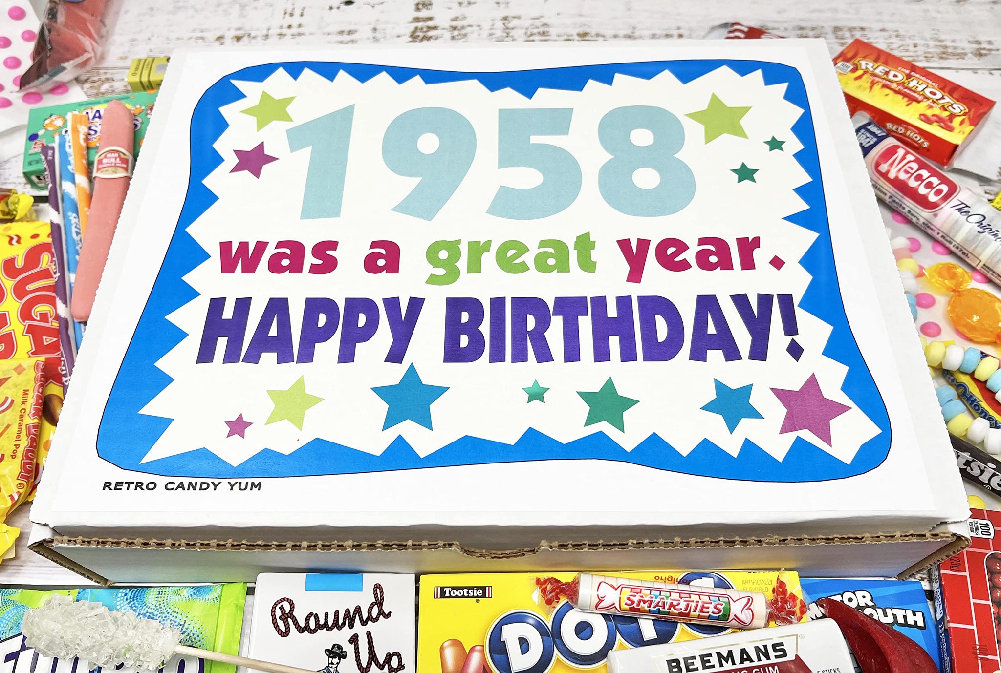 RETRO CANDY YUM ~ 1958 68th Birthday Gift Box Nostalgic Candy Assortment from Childhood for 68 Old Man or Woman Born 1958