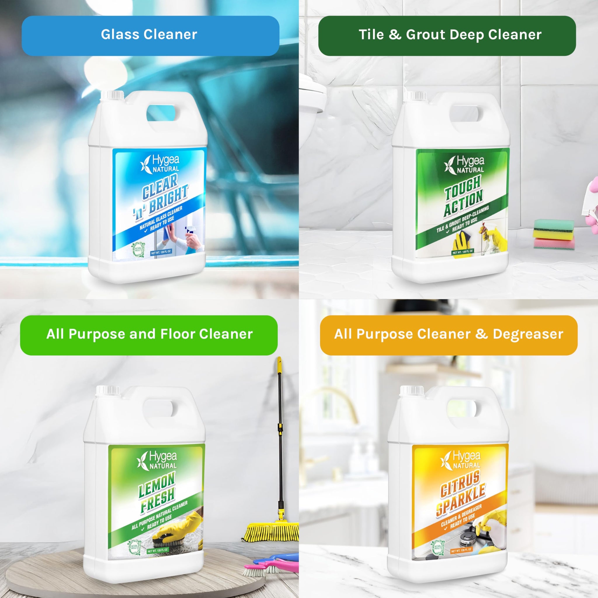 Hygea Natural Cleaning Starter Kit - 1 Gallon - Eco-Friendly Household Cleaners - Degreaser, All Purpose Cleaner, Glass Cleaner, & Tile and Grout