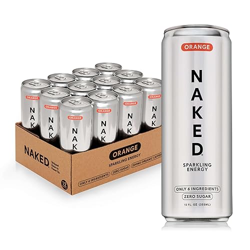 Naked Sparkling Energy Drink - Orange, Organic Caffeine, Organic Lemon Juice, Zero Sugar, No Sucralose, Naturally Sweetened, Clean Energy Drinks