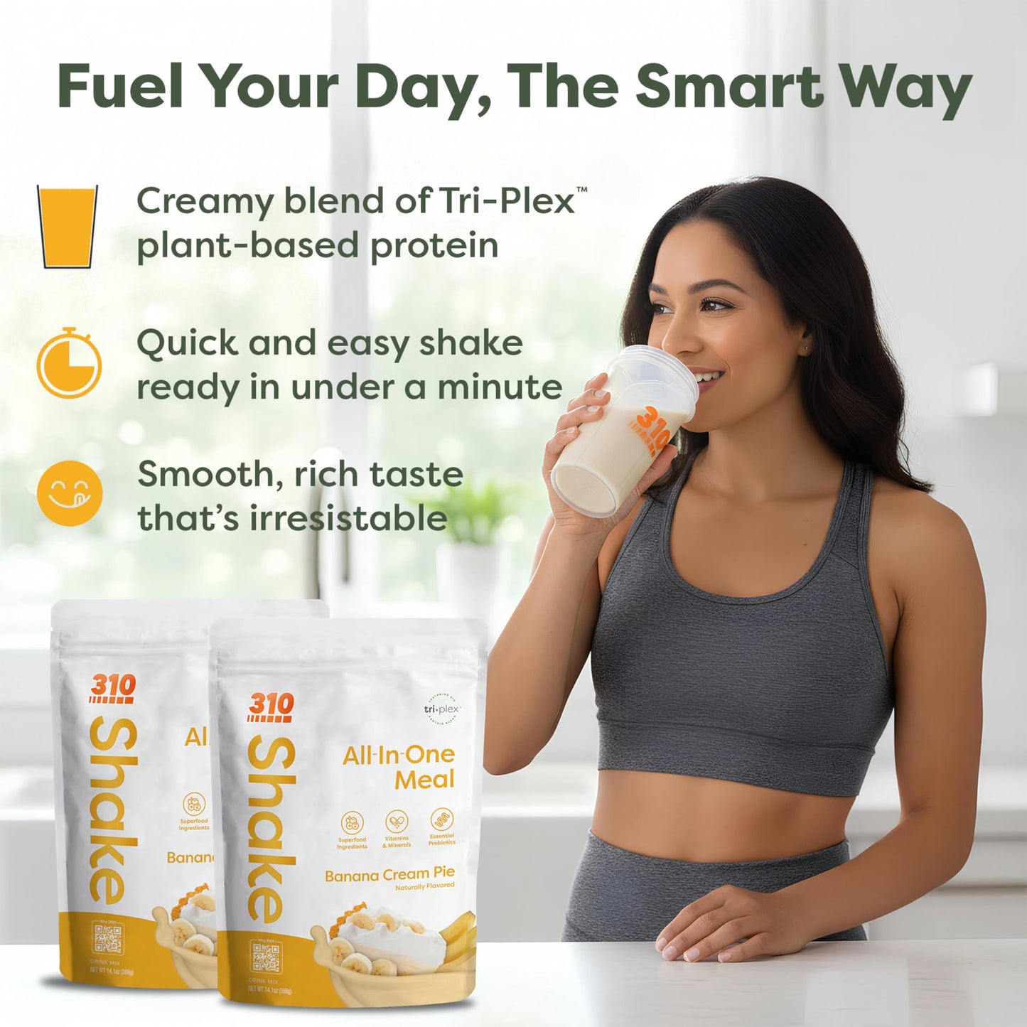 310 Nutrition All-In-One Plant-Based Meal Replacement Shake - High-Fiber Protein with Probiotics, Digestive Enzymes & Adaptogens - Vegan, Low Carb