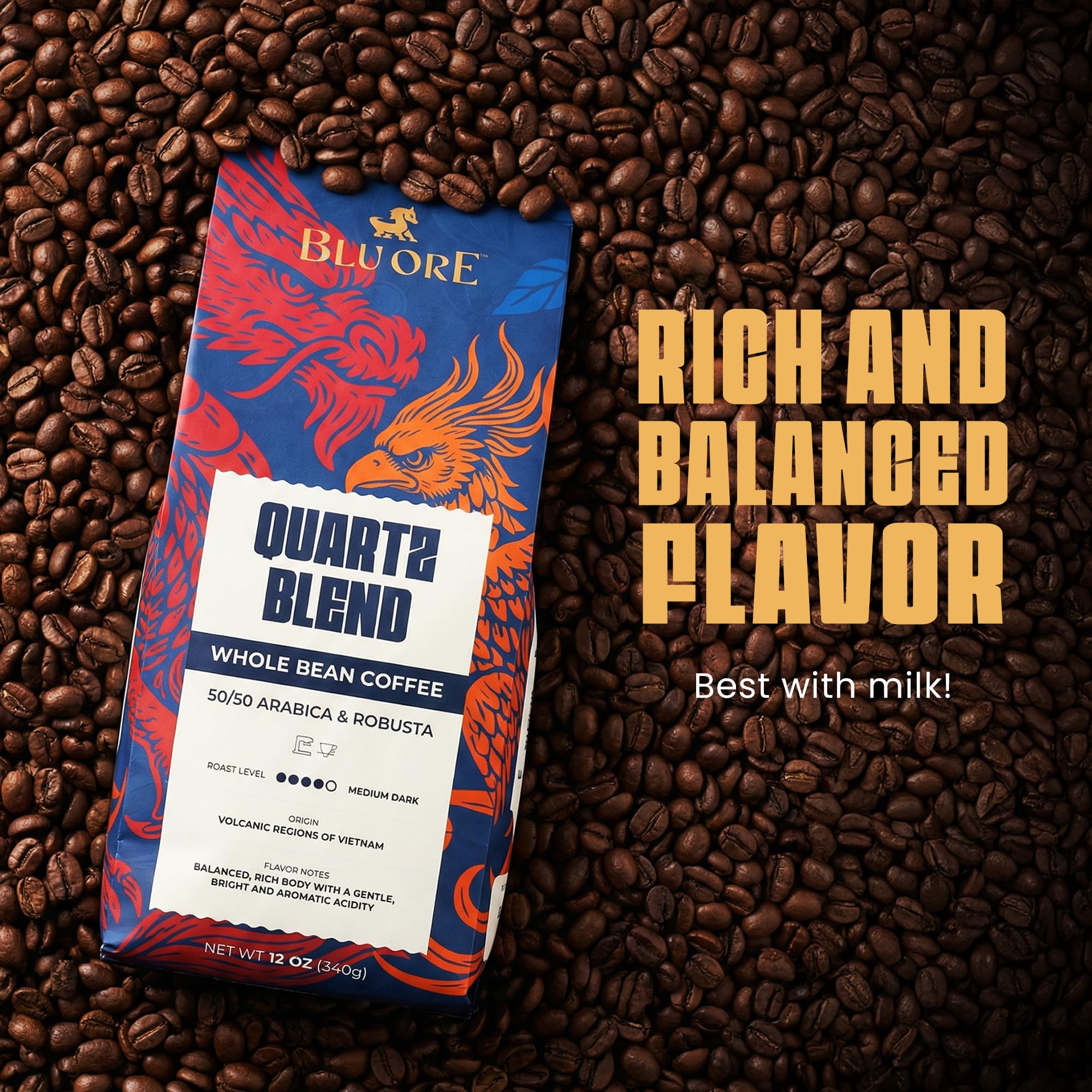 Blu Ore Quartz Blend Whole Bean Coffee, Single Origin Vietnam Espresso Beans, Medium Dark Roast 50% Arabica & 50% Robusta Blend with Rich Body