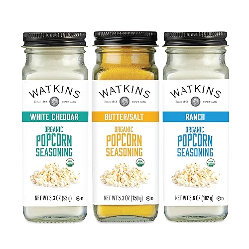 Watkins Popcorn Seasoning Multi-Flavor Variety Pack, 3-Pack (1 White Cheddar 3.3 oz., 1 Butter/Salt 5.3 oz., 1 Ranch 3.6 oz.)