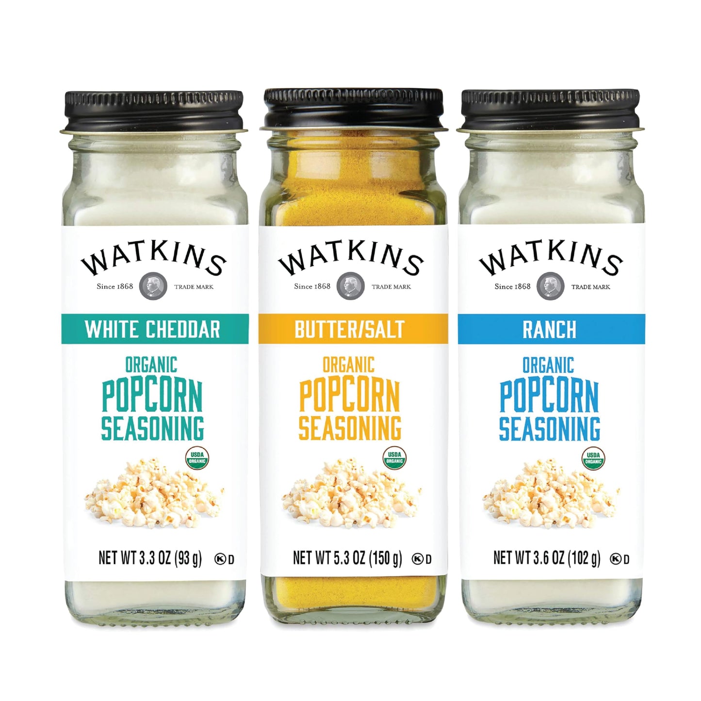 Watkins Popcorn Seasoning Multi-Flavor Variety Pack, 3-Pack (1 White Cheddar 3.3 oz., 1 Butter/Salt 5.3 oz., 1 Ranch 3.6 oz.)