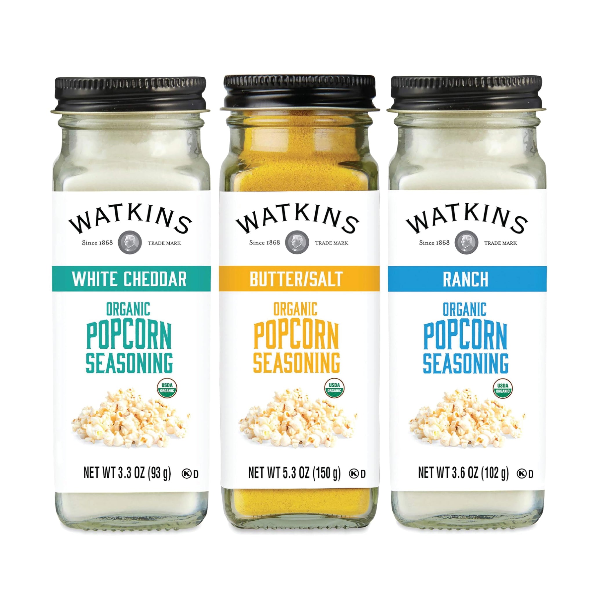 Watkins Popcorn Seasoning Multi-Flavor Variety Pack, 3-Pack (1 White Cheddar 3.3 oz., 1 Butter/Salt 5.3 oz., 1 Ranch 3.6 oz.)