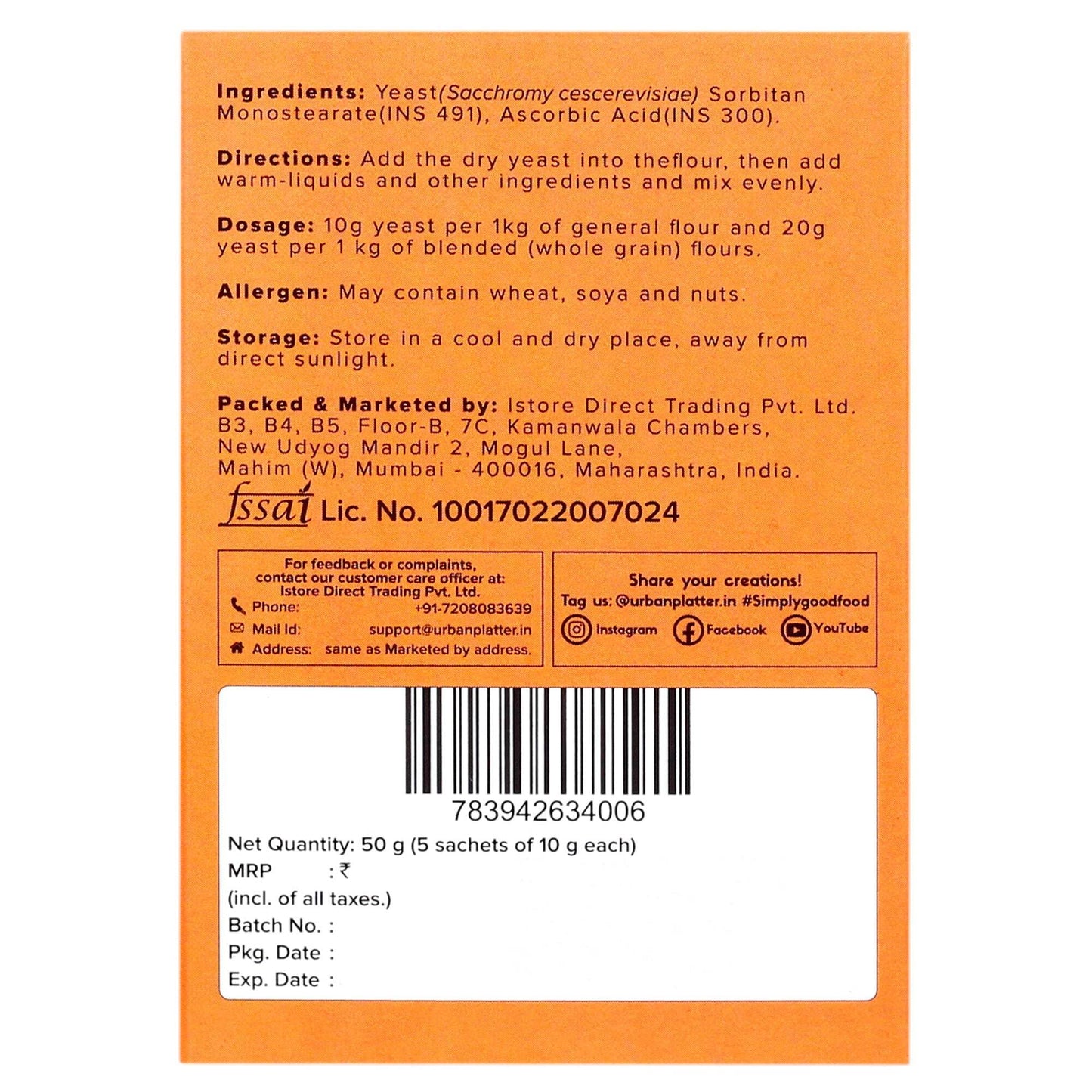 Urban Platter Active Dry Yeast | 1.76 Oz/50g (5 x 10g Packets) | Fast Rising Yeast | Gluten-Free | Long Shelf Life | Ideal for Bread, Pizza Dough