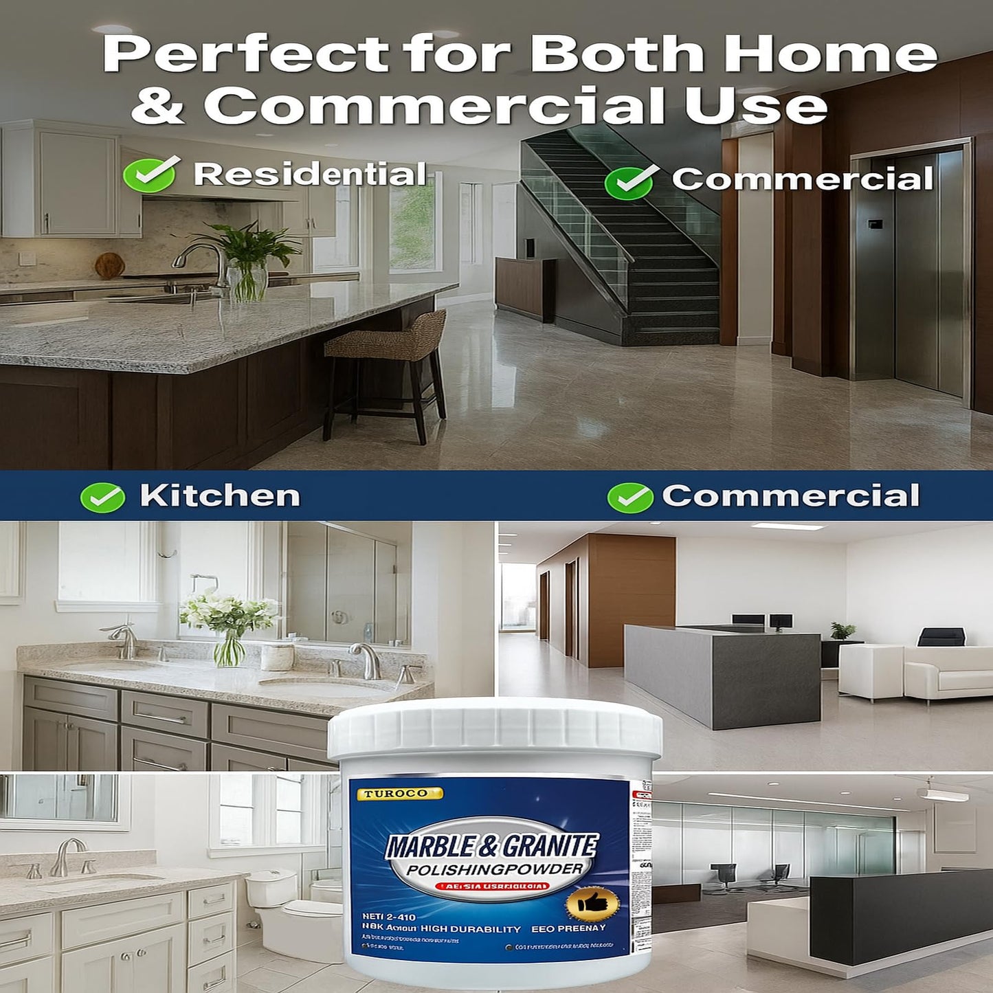 Marble Polishing Treatment Powder 2.2LB - Stone Cleaner & Gloss Enhancer for Marble, Granite & Quartz - Reduces Dullness, Water Spots & Minor