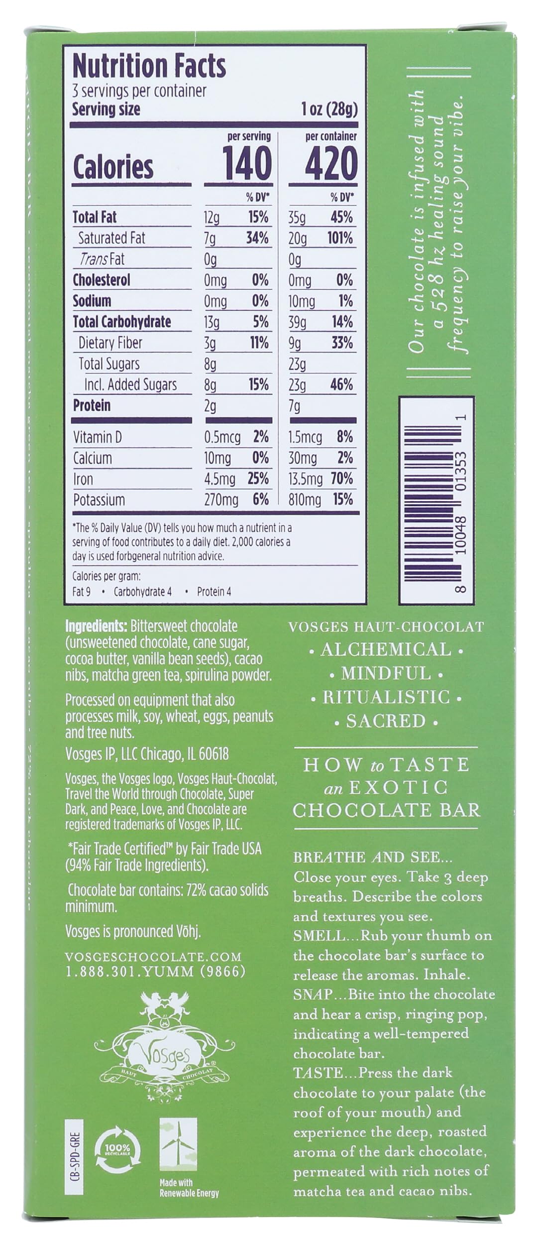 Vosges Haut-Chocolat , & Spirulina Super-Dark Chocolate Bar, Matcha Green Tea, 3 Ounce