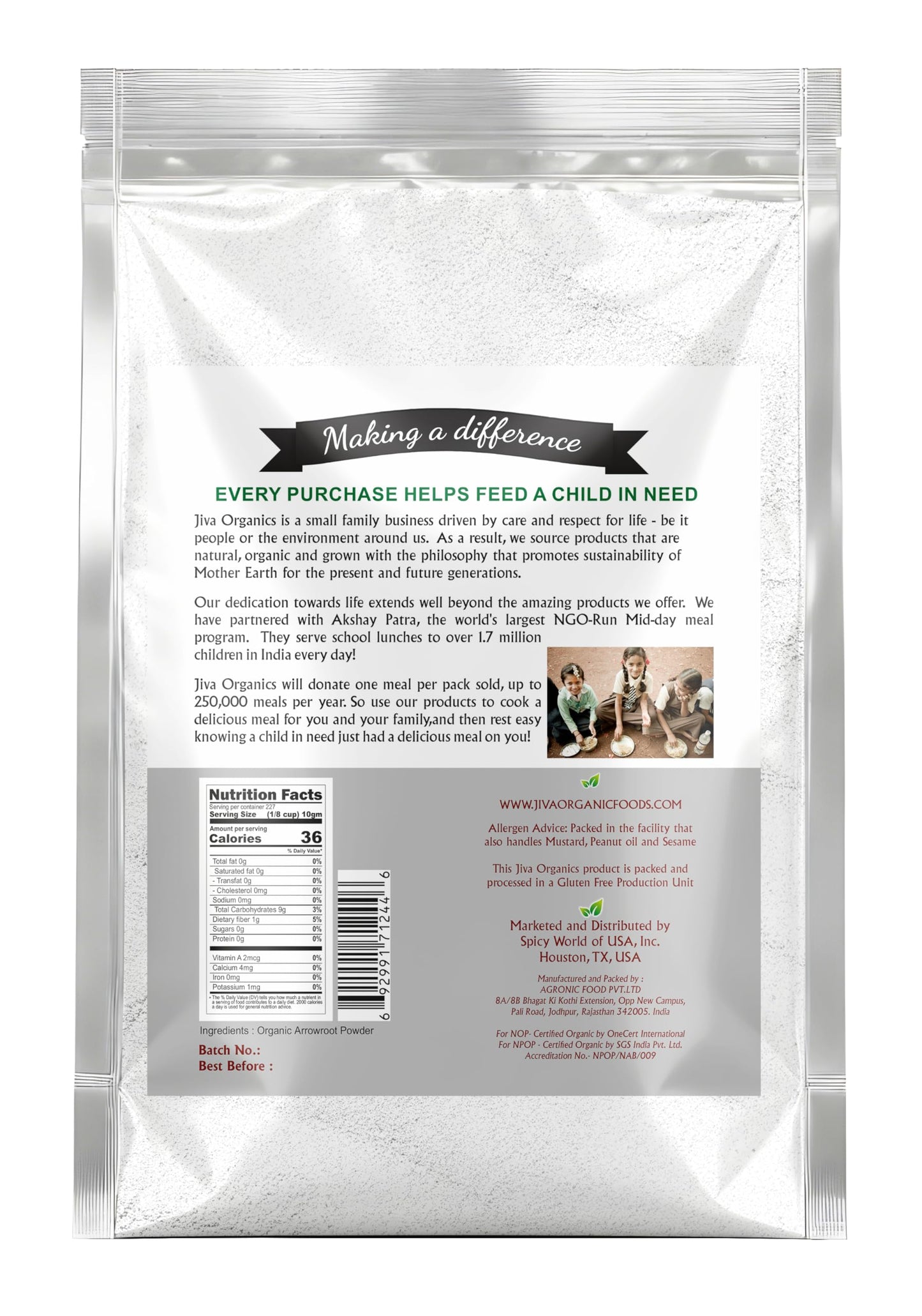 Jiva Organics Organic Arrowroot Flour (Powder) 5 Pound Bag - Raw, Non-GMO, Gluten Free