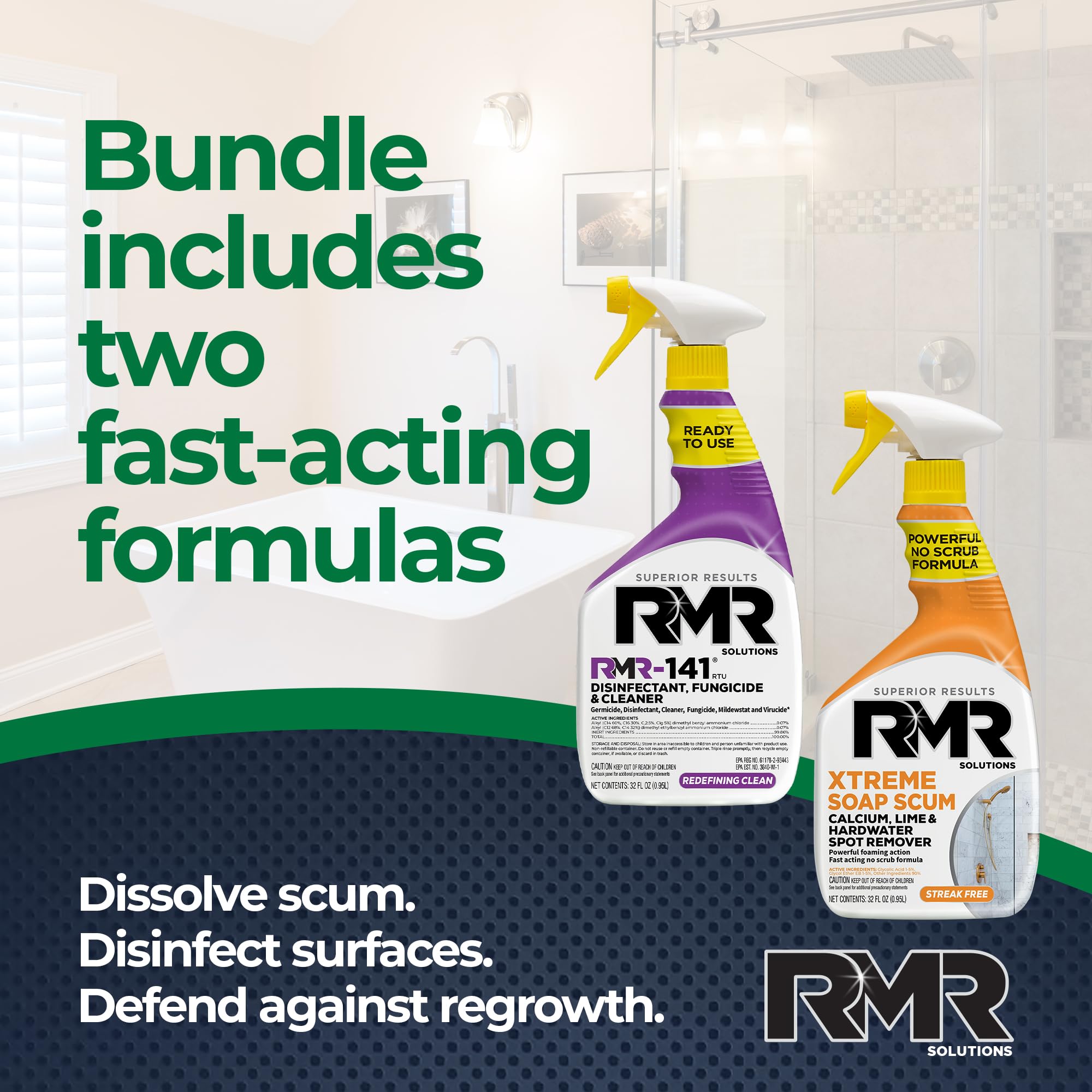 RMR Polish & Protect Bundle - Xtreme Soap Scum Remover + RMR-141 EPA Registered Mold & Mildew Spray, 2-Step Clean & Disinfect System for Buildup, Hard