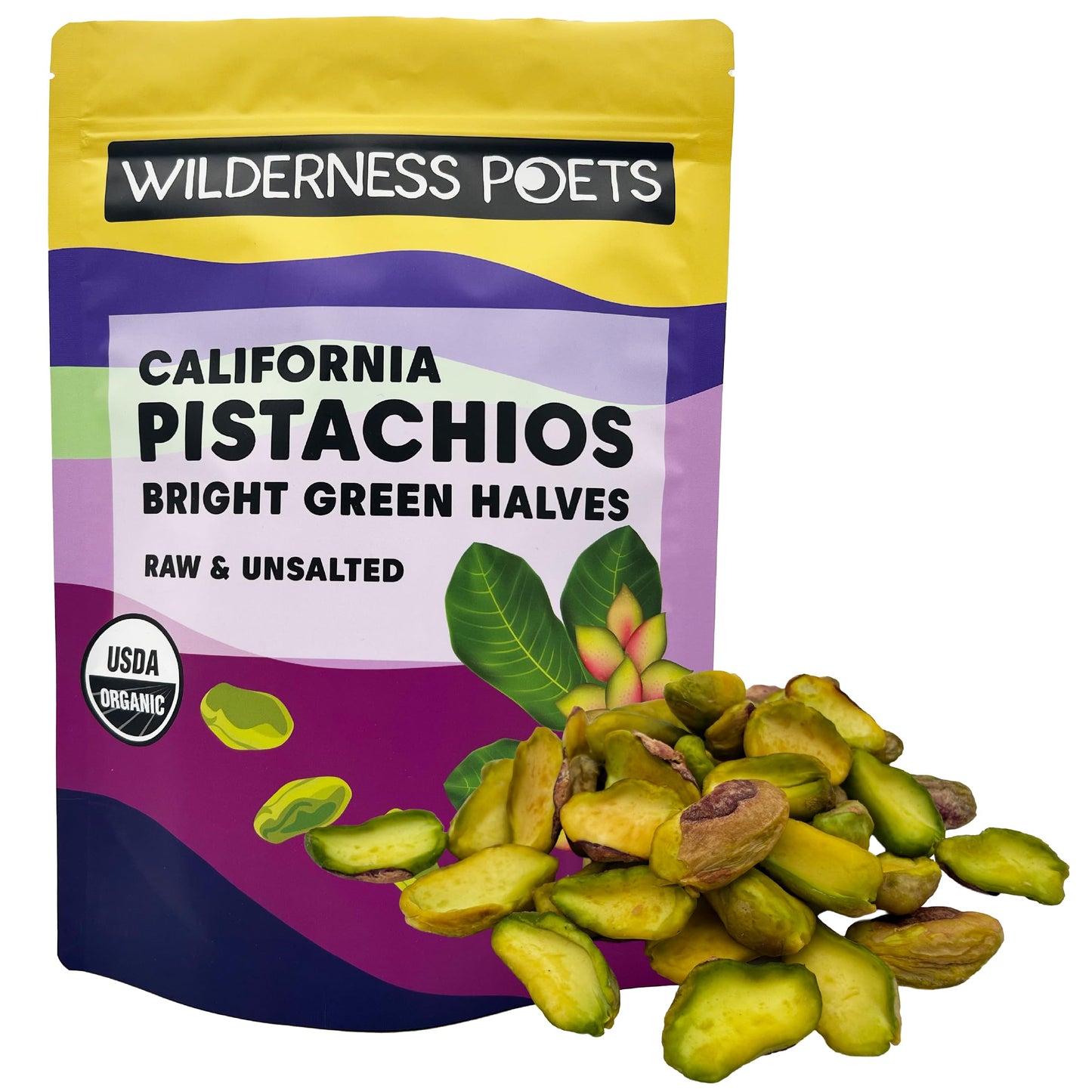 Wilderness Poets, Organic Pistachios - Bright Green Pistachio Nut Halves, No Salt, Grown in California (2 Pound)