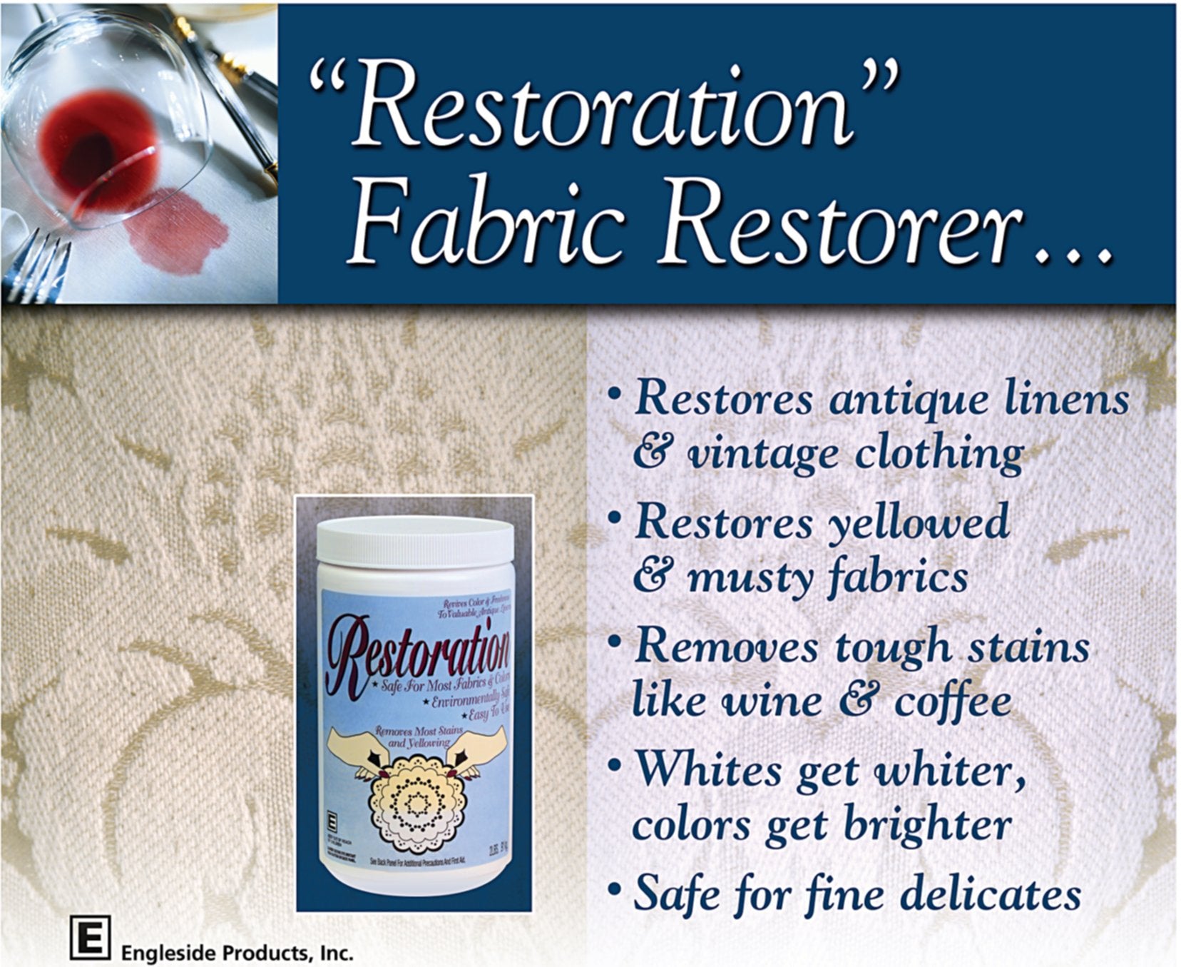 Engleside Products Restoration Hypoallergenic Powder to Clean Antique and Delicate Linens Safely 32 Ounce Tub- One
