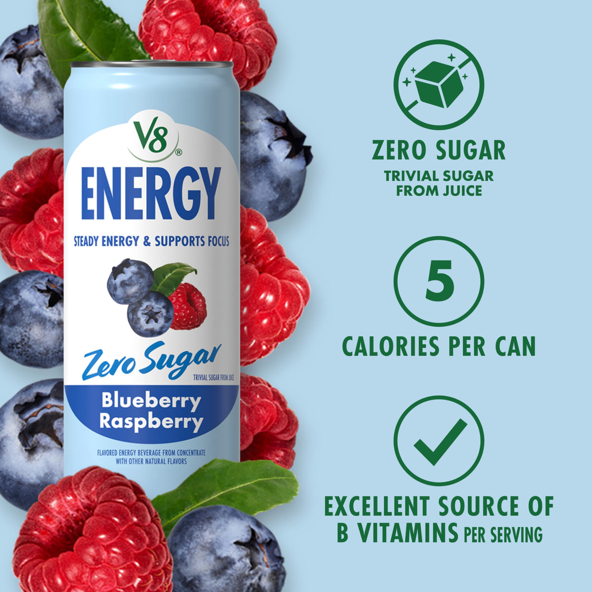 V8 Energy Zero Sugar Blueberry Raspberry, 11.5 fl. oz. Can (12 Pack)