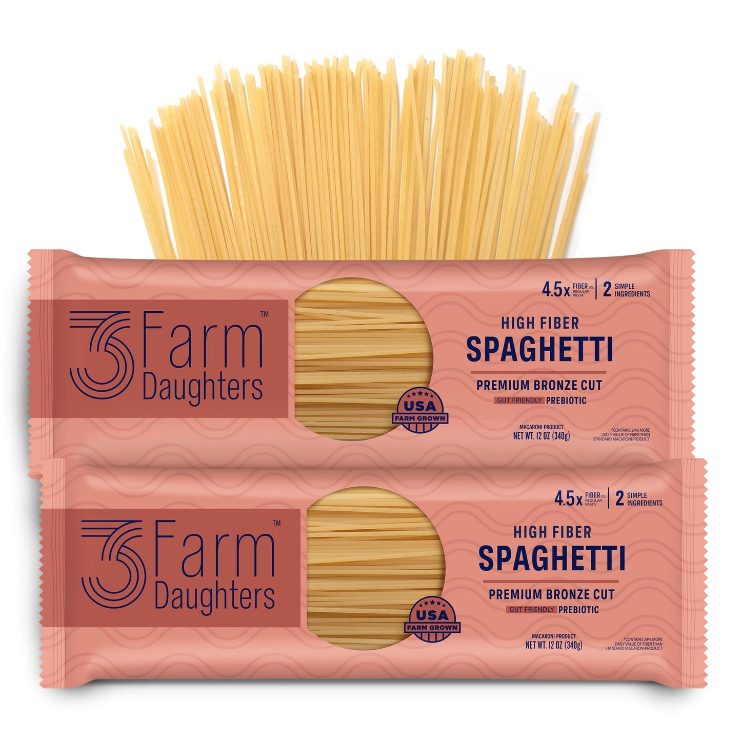 Three Farm Daughters High Fiber Pasta Spaghetti Pack, Irresistible, Low GI, Non GMO Spaghetti Pasta Noodles, Low Net Carb, Made in the USA from Just 2