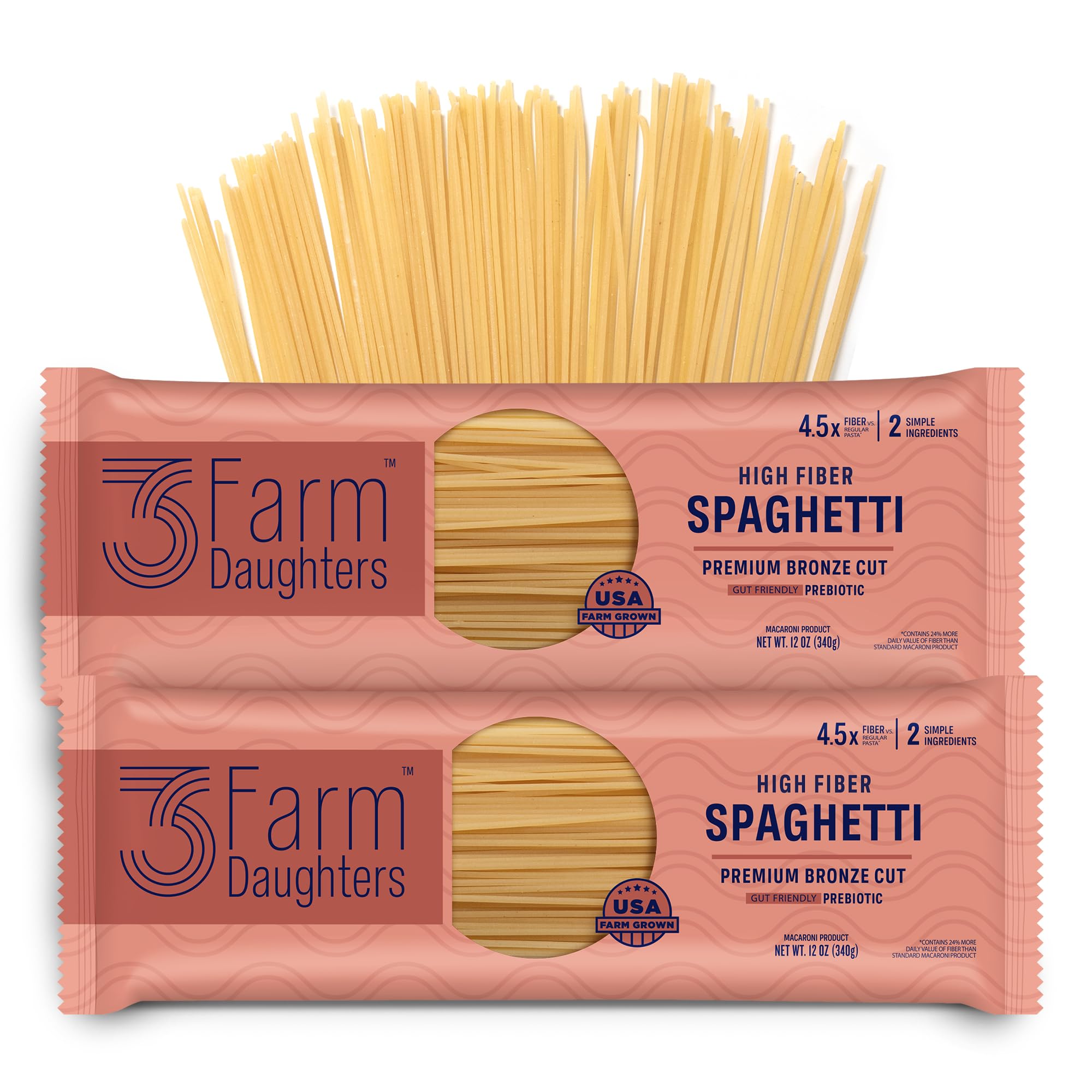 Three Farm Daughters High Fiber Pasta Spaghetti Pack, Irresistible, Low GI, Non GMO Spaghetti Pasta Noodles, Low Net Carb, Made in the USA from Just 2