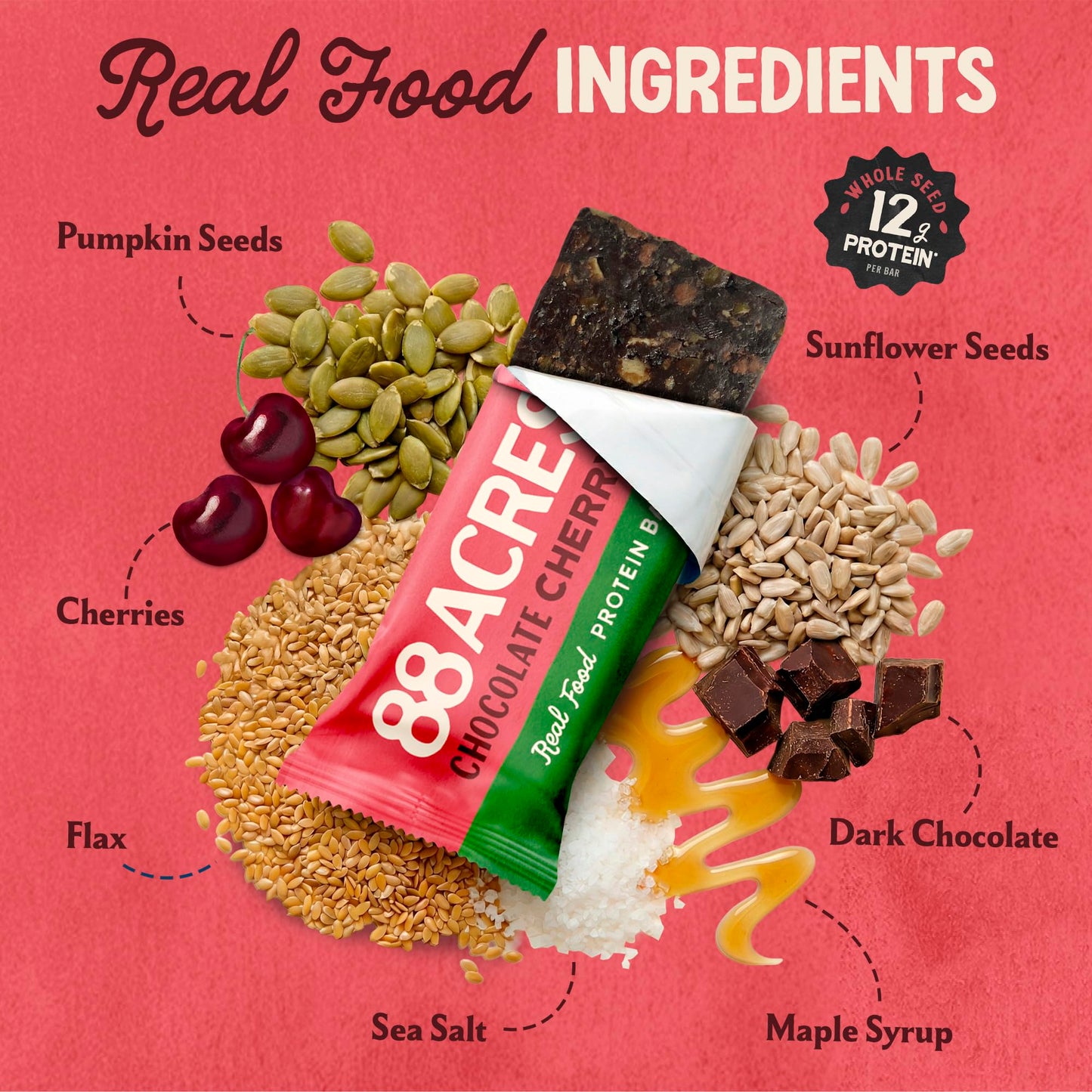 88 Acres Seed Protein Bars, Chocolate Cherry, 9 Count, 12g Plant-Based Protein, Gluten Free, Nut Free, School Safe Snack Bar, Vegan, Non-GMO