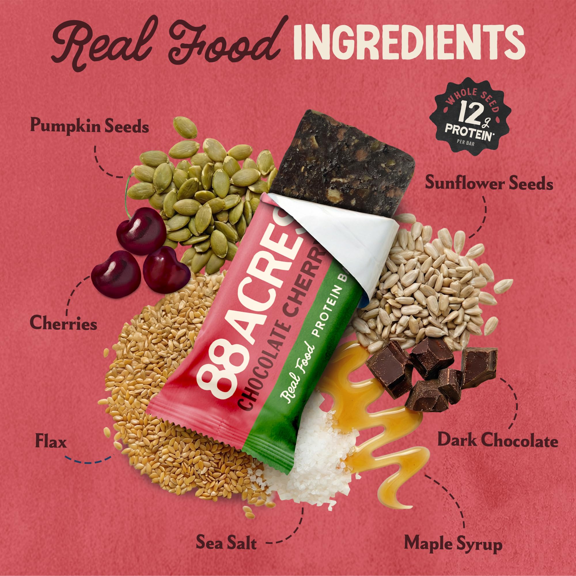 88 Acres Seed Protein Bars, Chocolate Cherry, 9 Count, 12g Plant-Based Protein, Gluten Free, Nut Free, School Safe Snack Bar, Vegan, Non-GMO