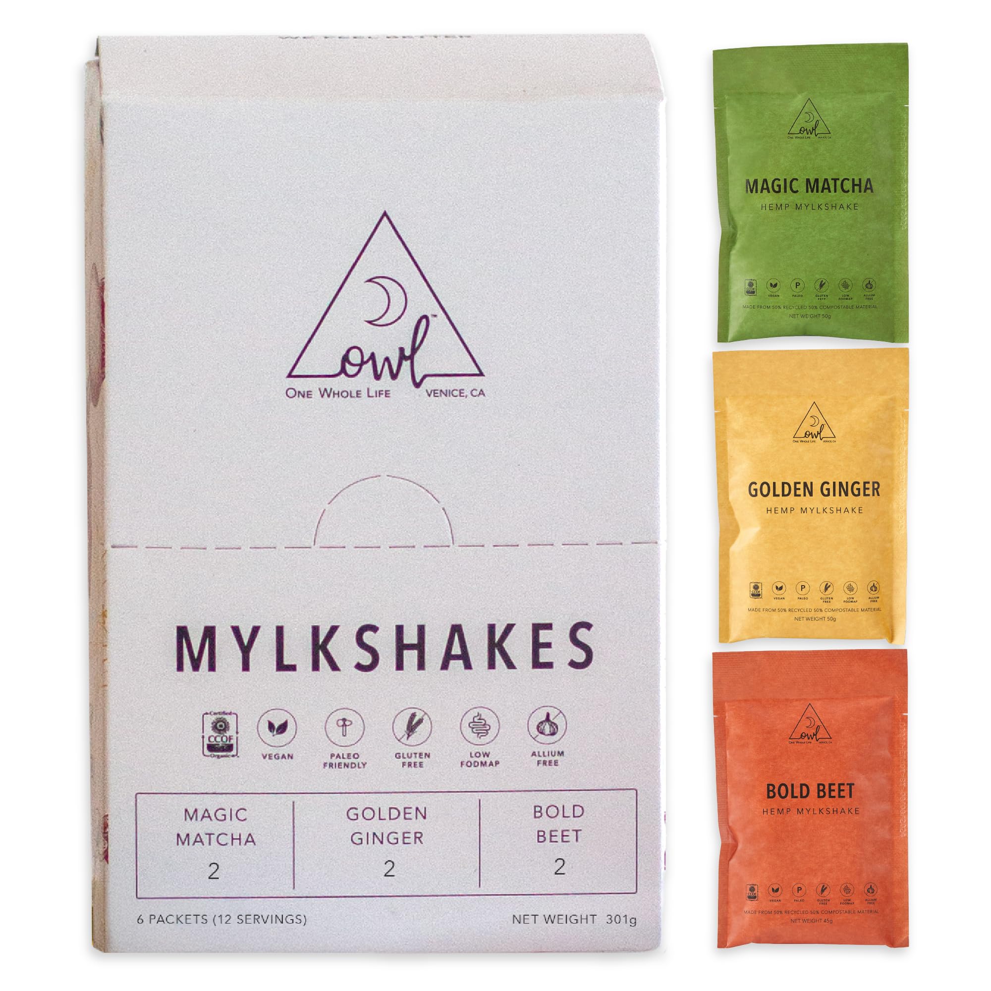 OWL Mylkshake 6-Pack Box | Organic Superfood Meal Replacement Shakes for Energy, Digestion & Whole-Body Wellness | Magic Matcha, Golden Ginger & Bold