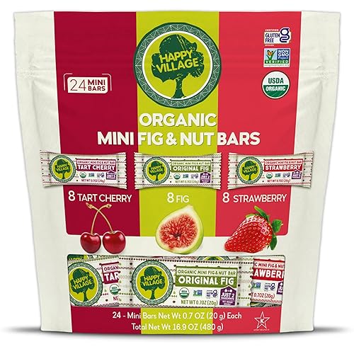 Happy Village Organic Mini Fig & Nut Bars, VARIETY (24 Packs, 0.7 OZ each), No Refined Sugar, Kosher, Non-GMO, Gluten Free, Vegan, Good Source