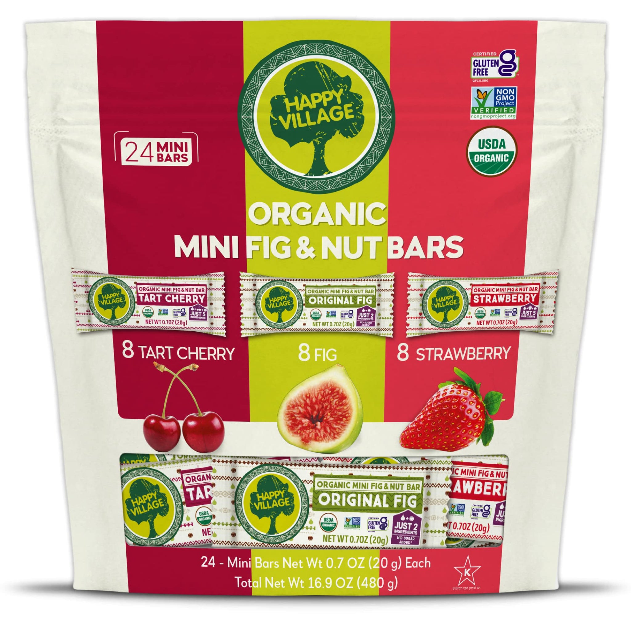 Happy Village Organic Mini Fig & Nut Bars, VARIETY (24 Packs, 0.7 OZ each), No Refined Sugar, Kosher, Non-GMO, Gluten Free, Vegan, Good Source