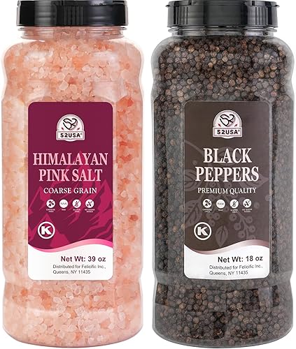 52USA Whole Black Peppercorns 18 oz + Himalayan Pink Salt (Coarse Grain) 39 oz, Salt and Pepper Grinder, Black Peppercorn Refil, Kosher Salt for