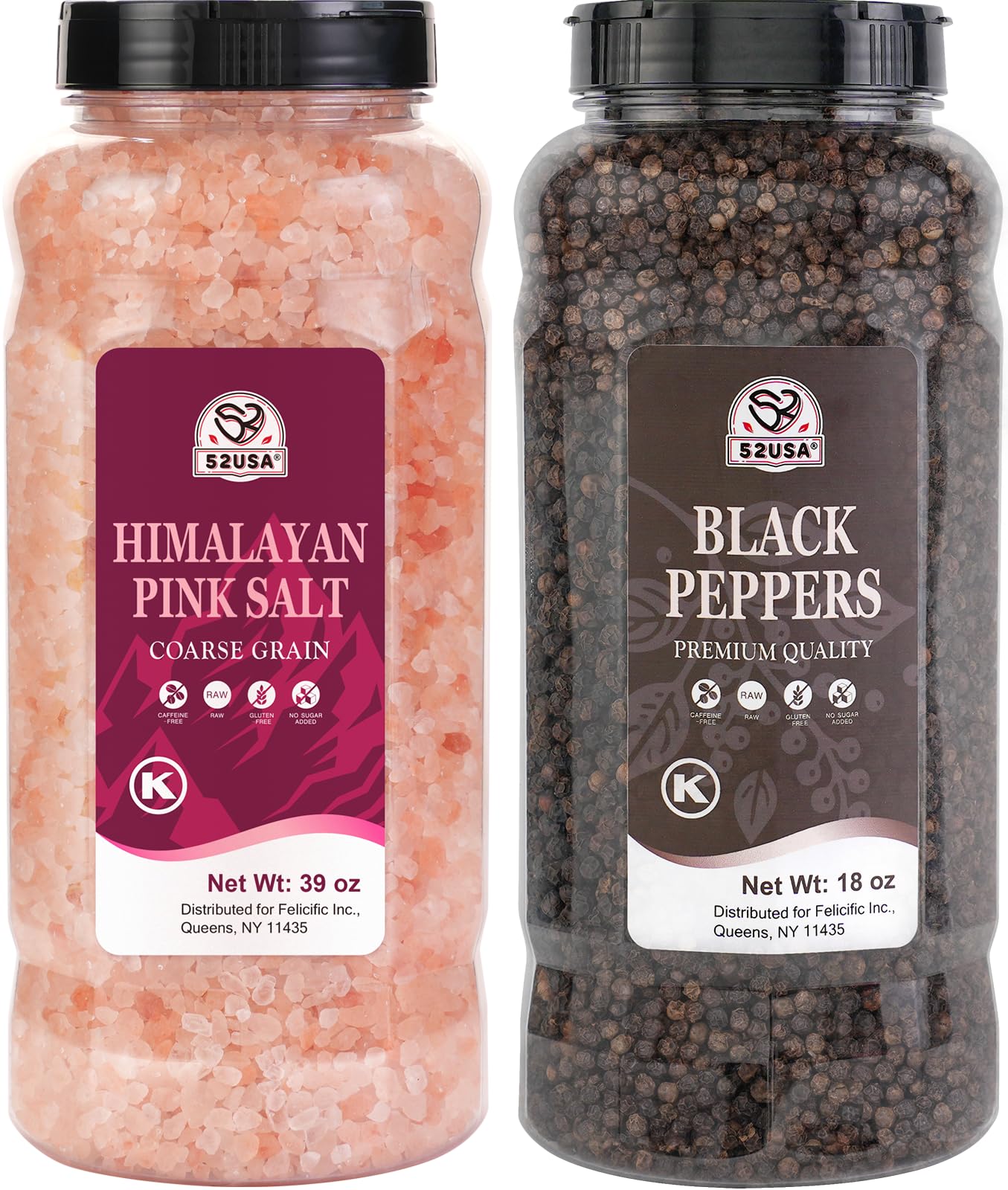 52USA Whole Black Peppercorns 18 oz + Himalayan Pink Salt (Coarse Grain) 39 oz, Salt and Pepper Grinder, Black Peppercorn Refil, Kosher Salt for