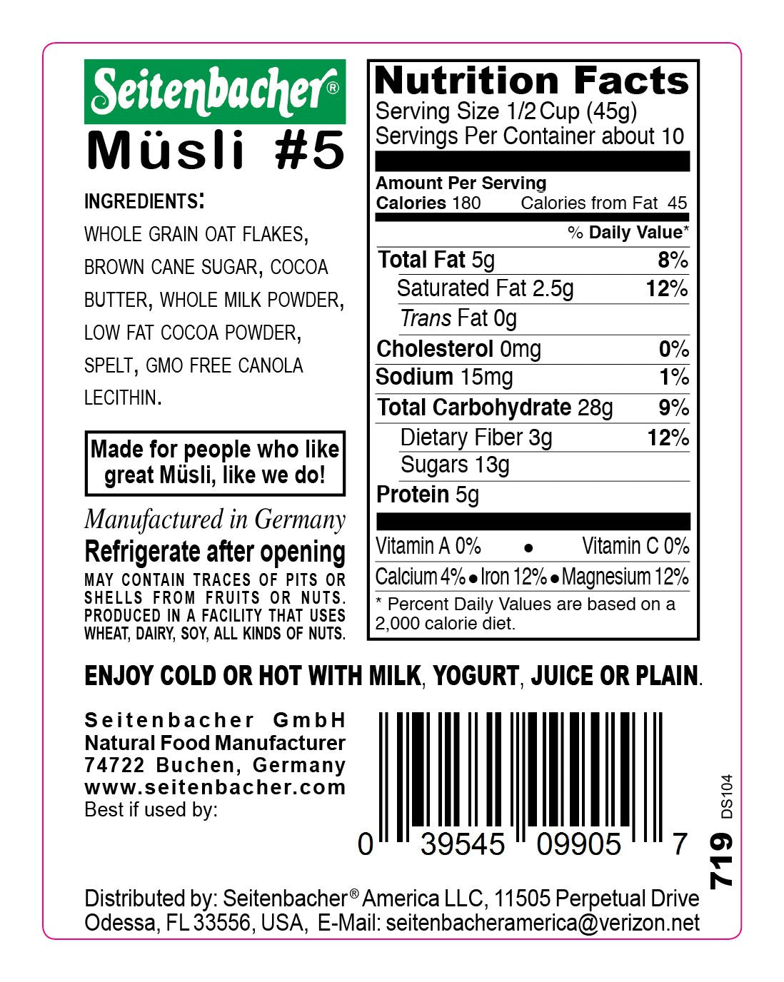 Seitenbacher Muesli #5 Choco Max Natural Cereal, 16 Ounce