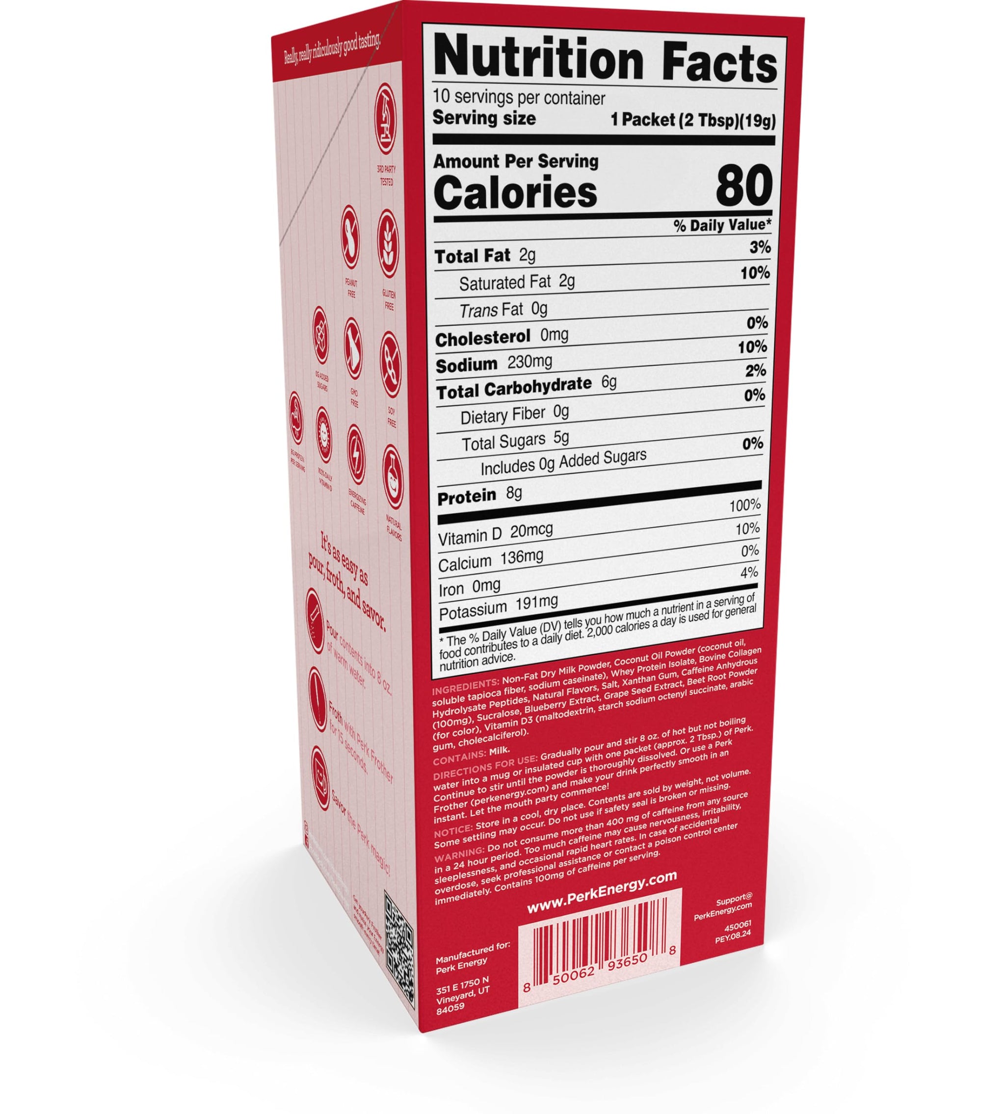 Perk Energy Drink Mix (White Chocolate Peppermint Pretzel) 10 Stick Packs - Caffeinated Healthy Coffee Alternative with Protein, 100mg of Caffeine