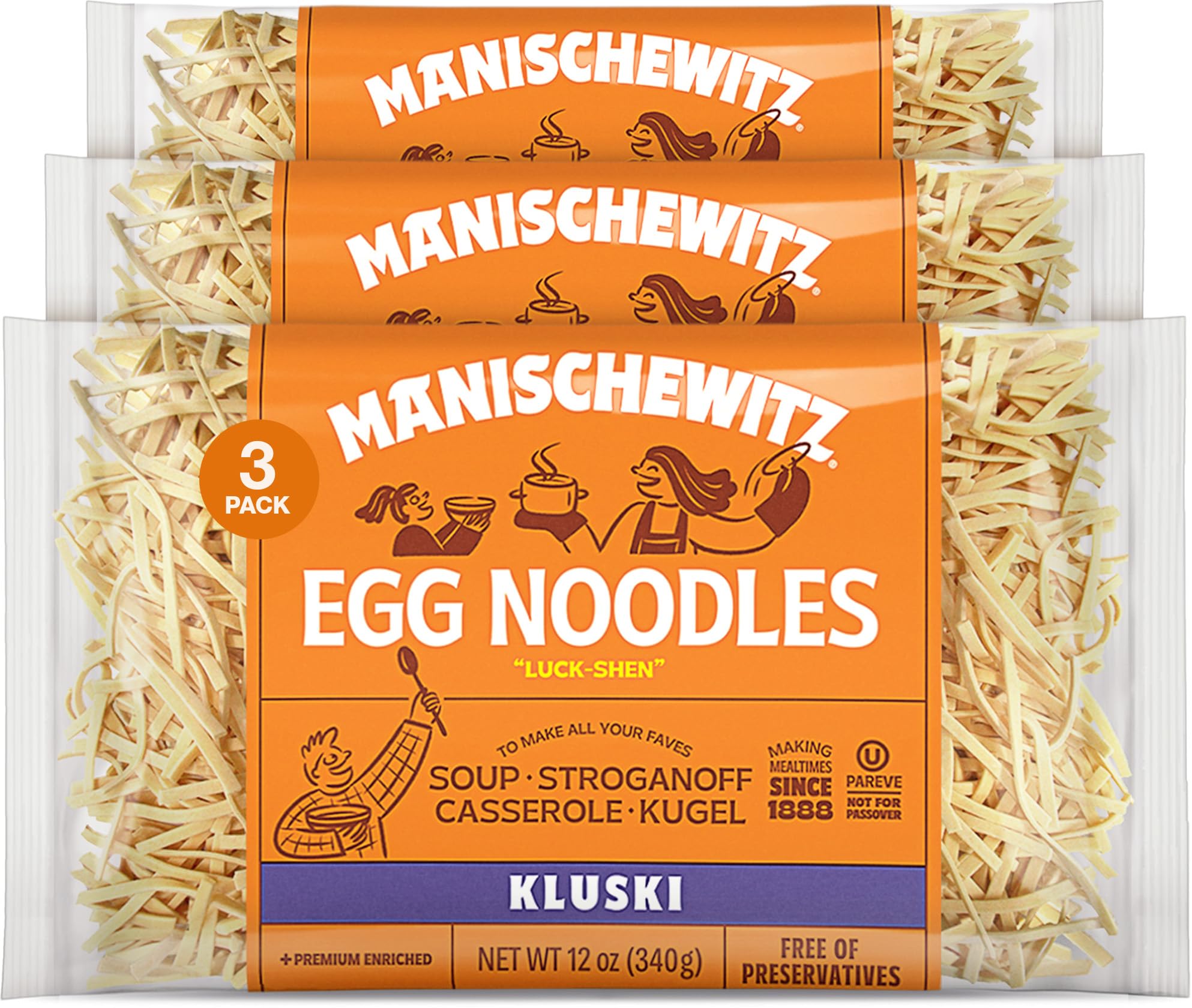 Manischewitz Kluski Egg Noodles 12oz (3 Pack) | Homestyle Taste & Texture, Premium Enriched, Low Sodium, No Preservatives