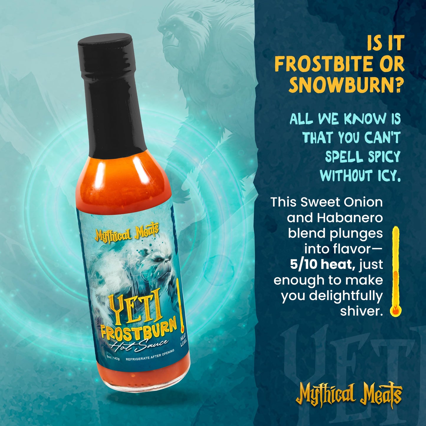 Mythical Meats Yeti Frostburn Hot Sauce - Sweet Onion & Habanero Blend, Gluten Free, Non GMO, 5/10 Heat
