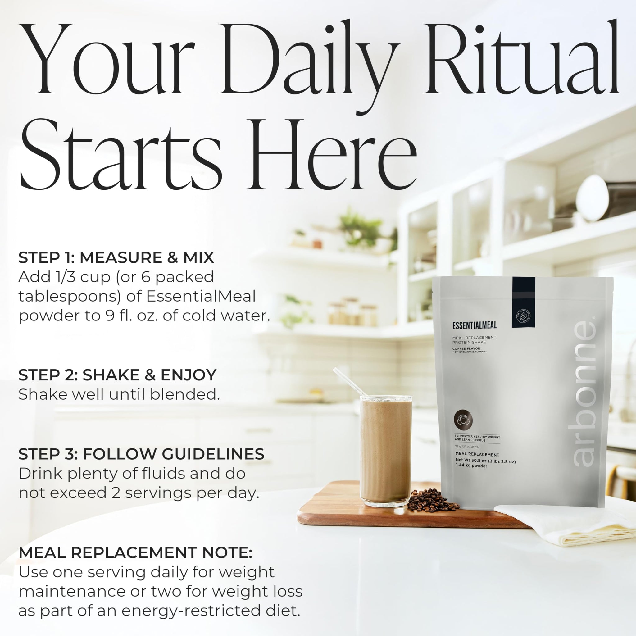 Arbonne EssentialMeal Meal Replacement Shake - Protein Shake, Vegan Protein Powder, Complete Daily Nutrition, Coffee