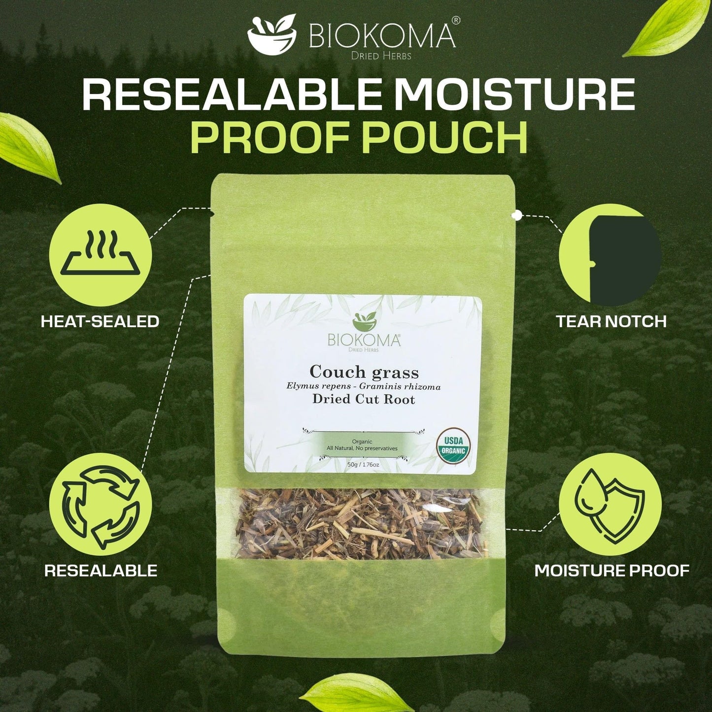 Biokoma Organic Couch Grass Dried Cut Root 1.76oz USDA Organic Herbal Tea Elymus Repens Rhizome Loose Herb Urinary Kidney Bladder Support Resealable