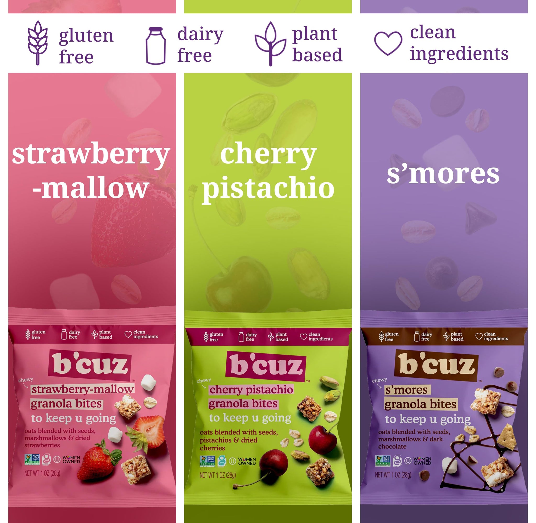 B'cuz Granola Bites Variety Pack, Cherry Pistachio, Strawberry Mallow & S’mores, Gluten Free, Dairy Free, Vegan, Kosher Snacks, On-the-Go Breakfast