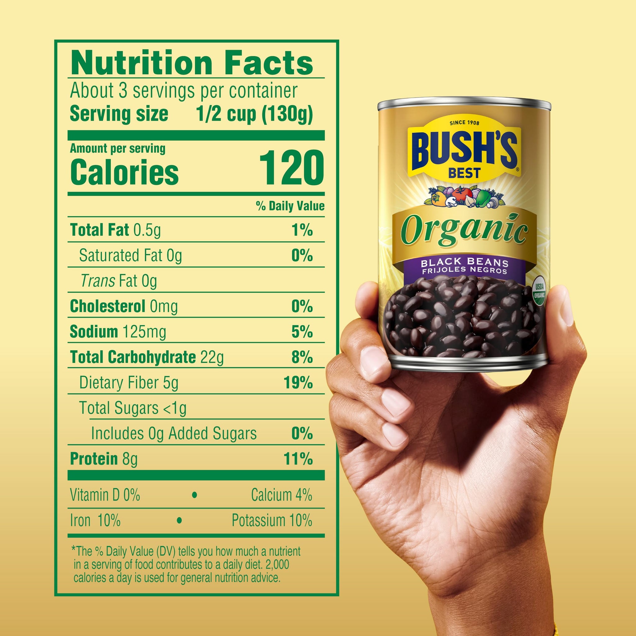 Bush's Canned Organic Black Beans (Pack of 1), Good Source of Plant-Based Protein, Good Source of Fiber, Fat Free, Gluten Free, Low Sodium, 15 oz